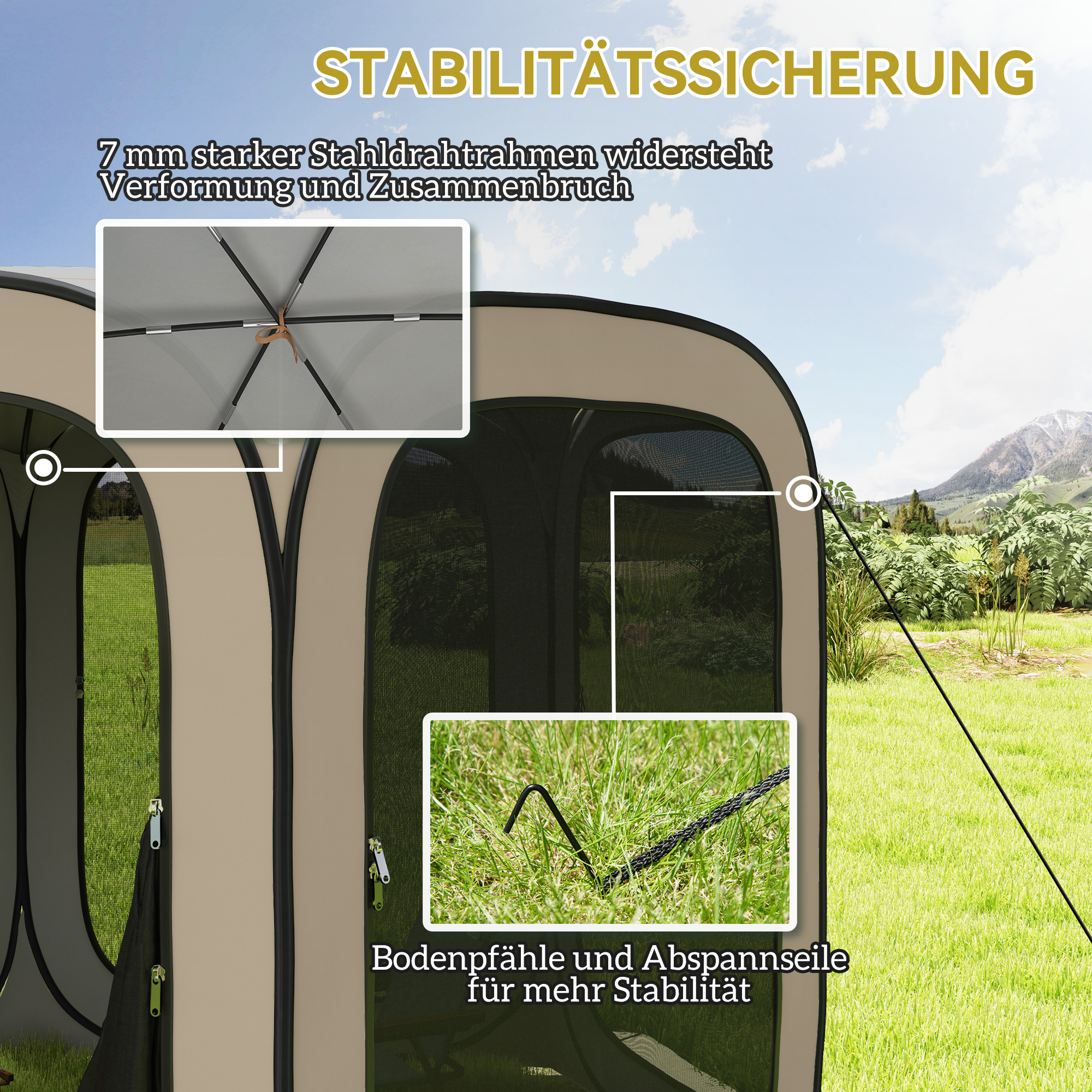 Pop-up-Campingzelt, tragbar, UPF50+ Schutz, Netz-Seiten, Stahldraht, Khaki