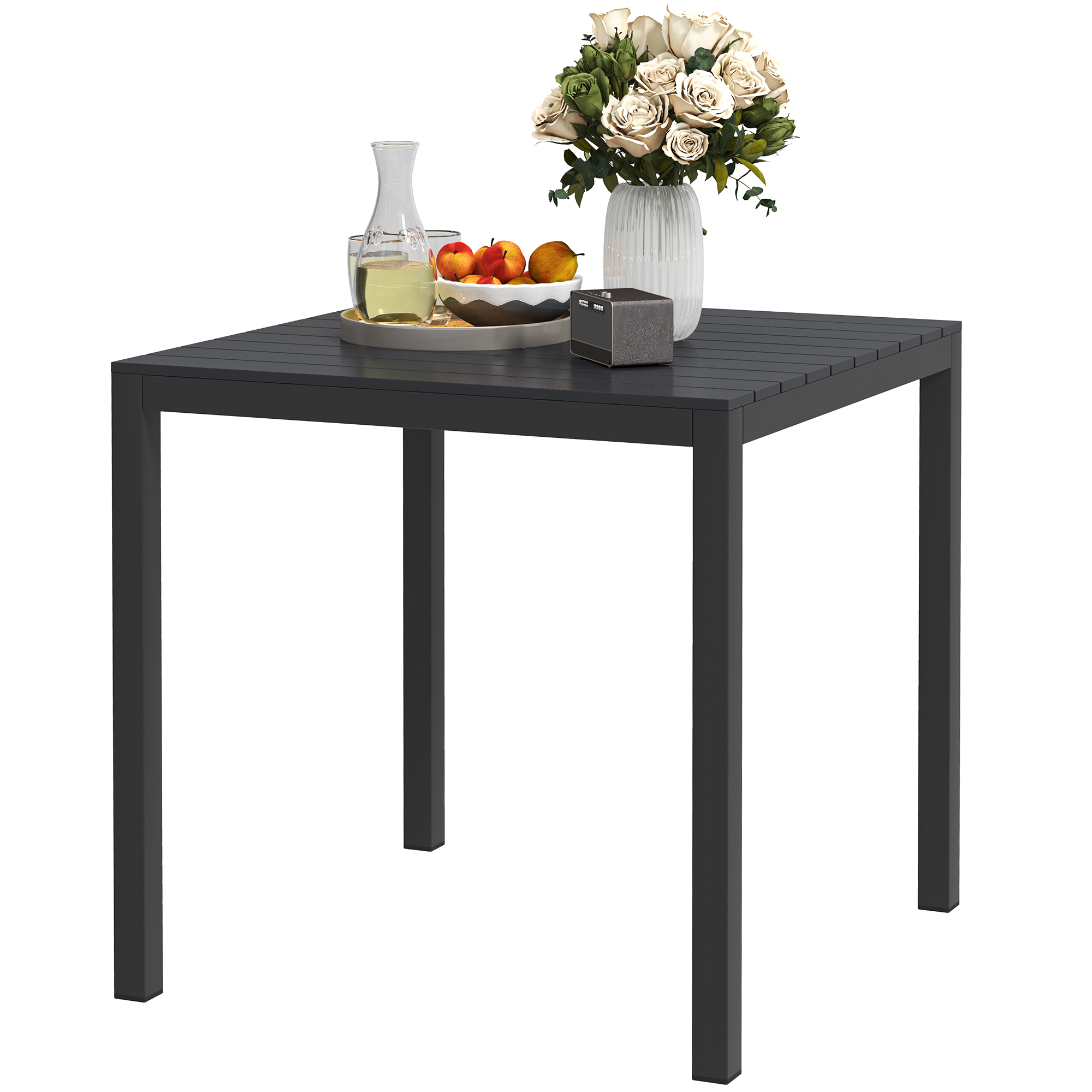 Gartentisch Aluminium 73x73 cm Wetterfest Buffettisch mit Holzoptik, Campingtisch für 4 Personen Schwarz