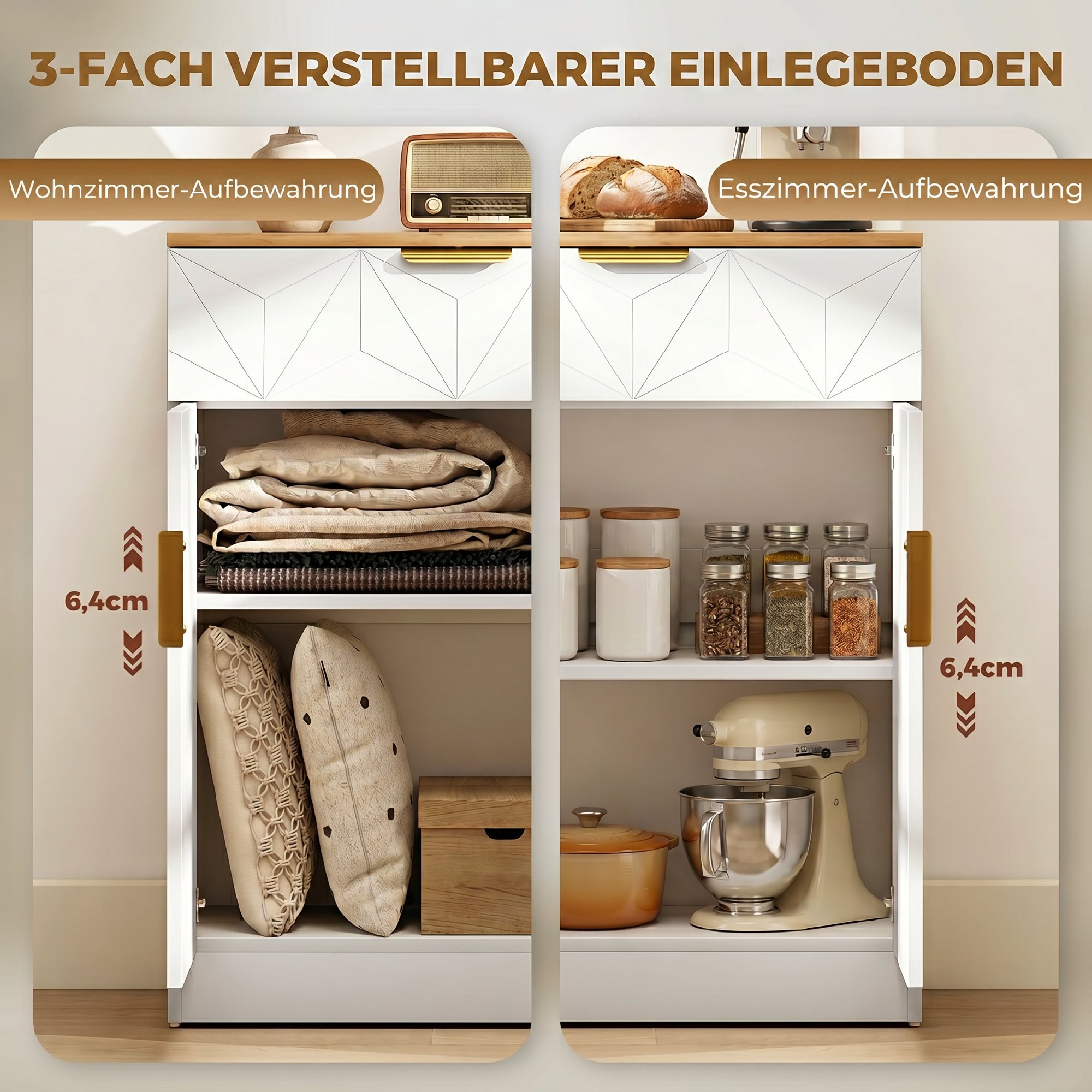 Modernes Sideboard, Aufbewahrungsschrank mit Schublade und verstellbarem Regal, Weiß