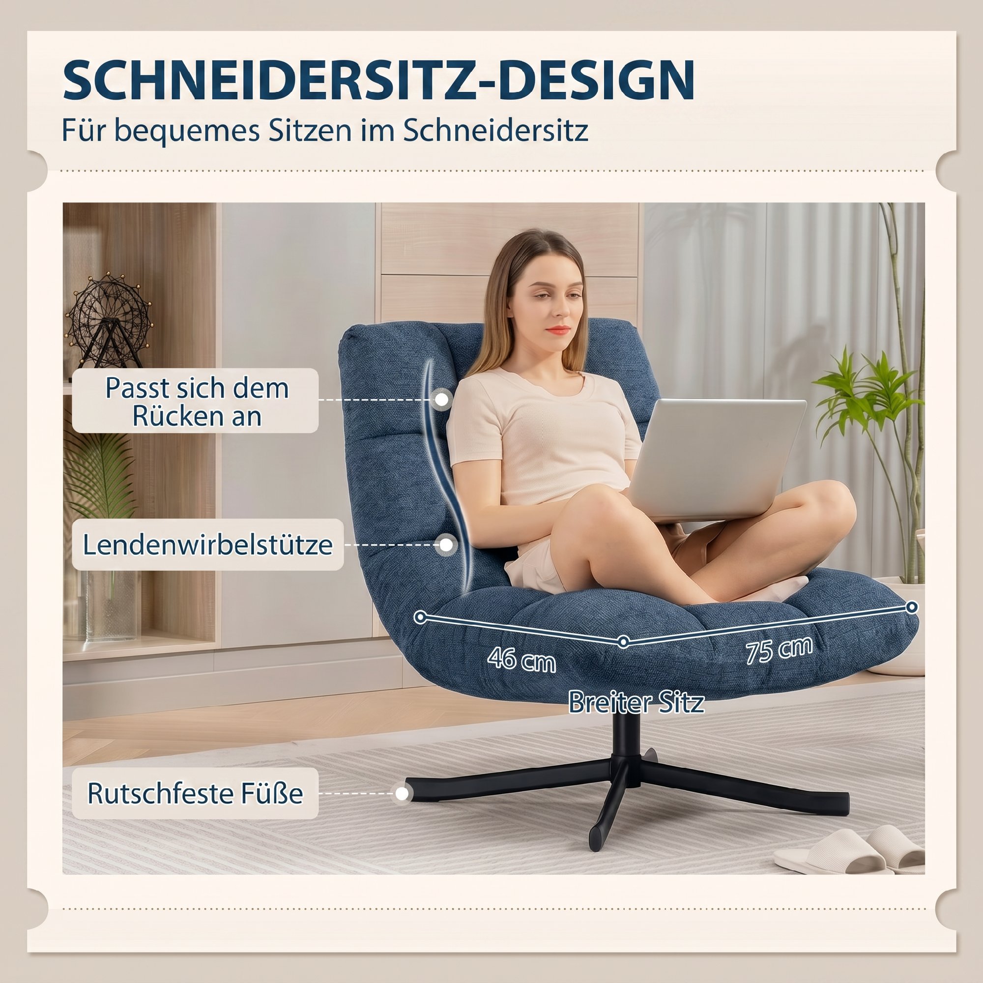 Drehbarer Akzentstuhl, Moderner Lounge-Sessel ohne Armlehnen mit Stahlbeinen, Dunkelblau