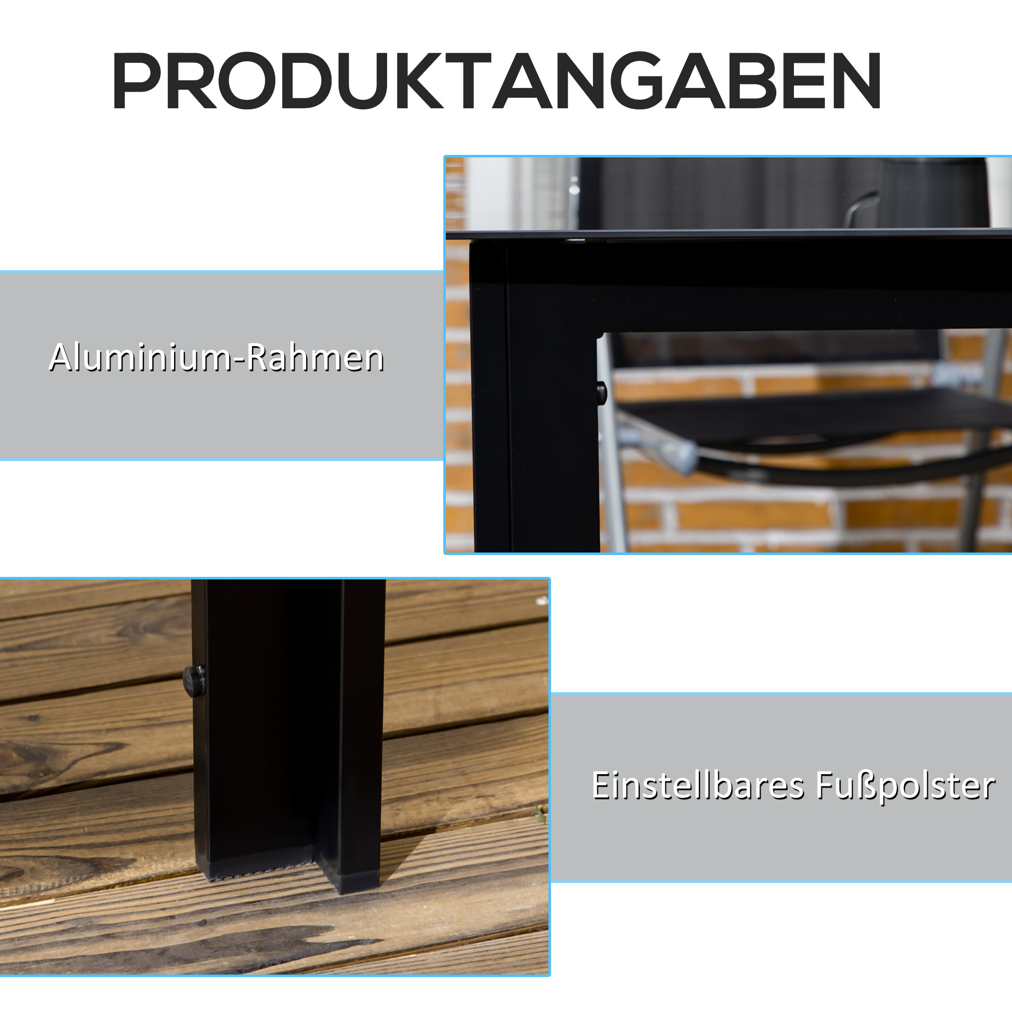 Gartentisch für 6 Personen, wetterbeständig, gehärtetes Glas, Terrassentisch, 150 cm x 90 cm x 74 cm, Schwarz