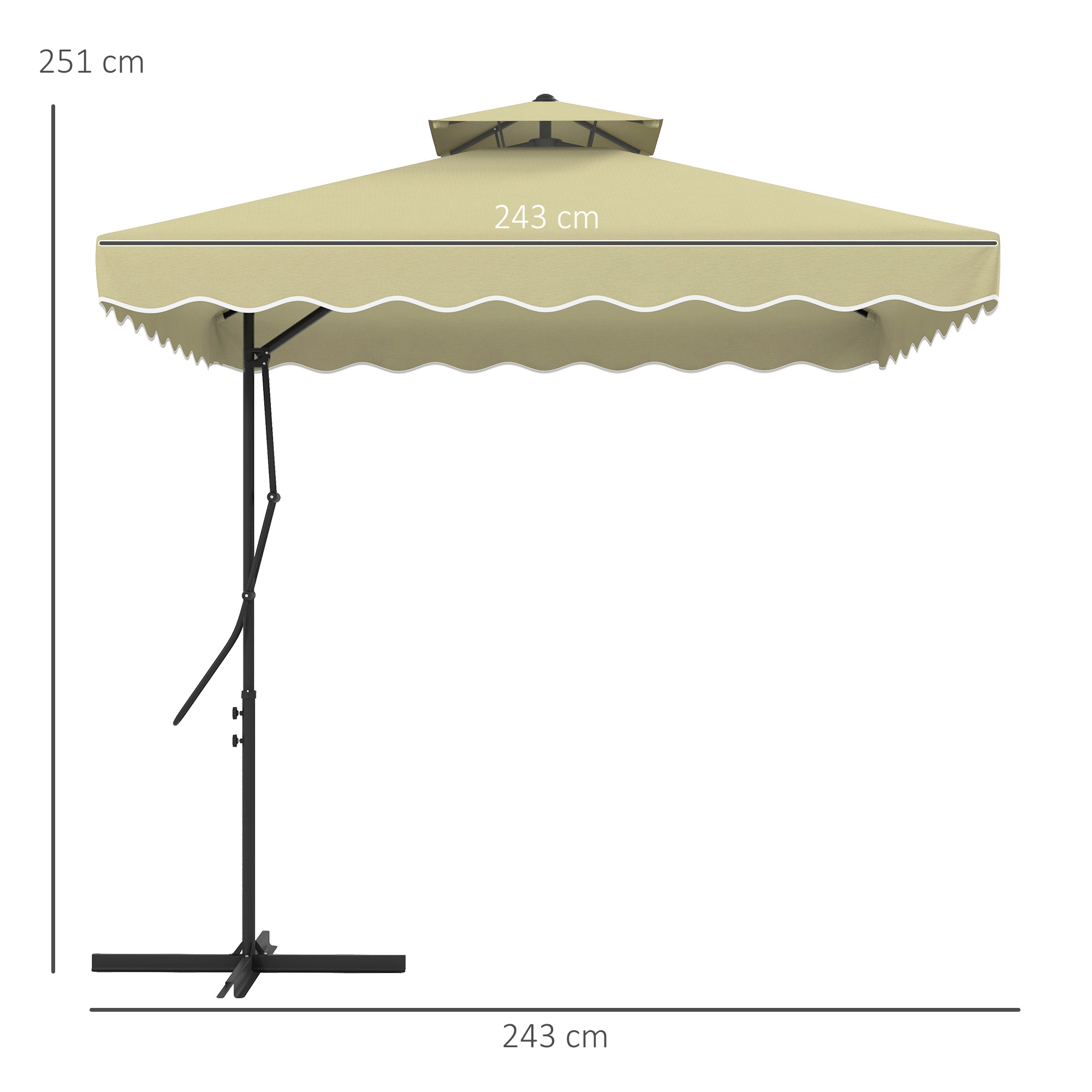 Gartenschirm, Ampelschirm, dekorativer Rand, Lüftungsdach, Metallgestell, 2,4x2,4x2,6m, Beige