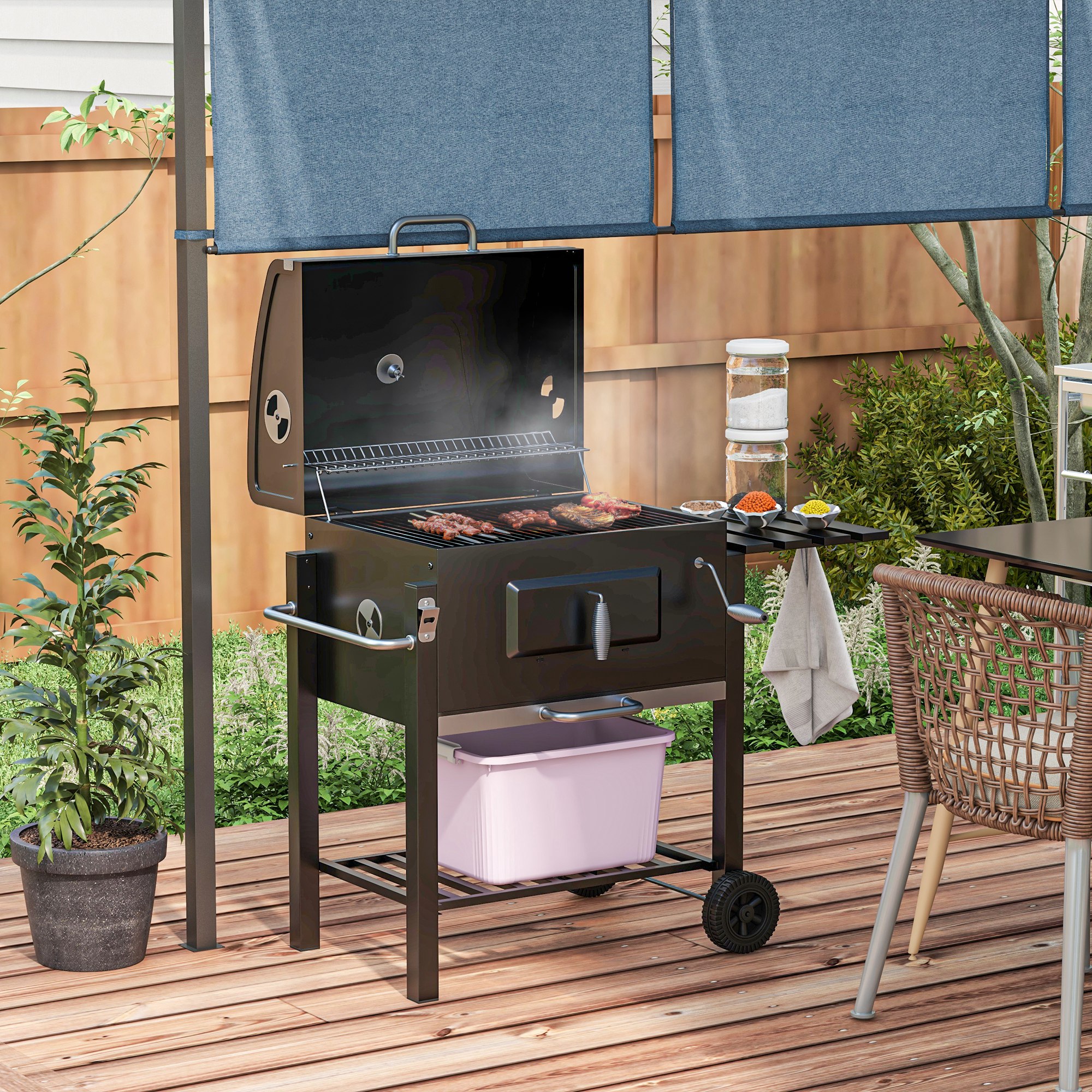Holzkohlegrill Smoker BBQ-Smoker, 1 Ablage, 1 Handtuchhalter, 2 Grillroste, 113 cm x 65 cm x 108 cm, Schwarz