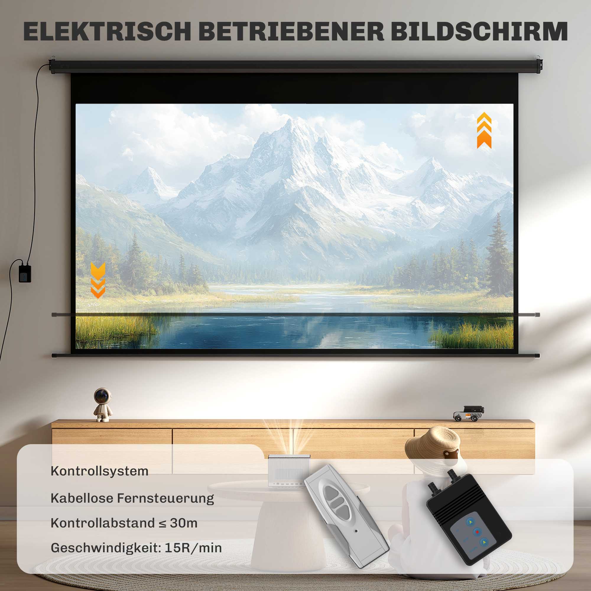 Beamer-Leinwand, 16:9 Format, Fernbedienung, 266 x 149 cm (120 Zoll), Schwarz