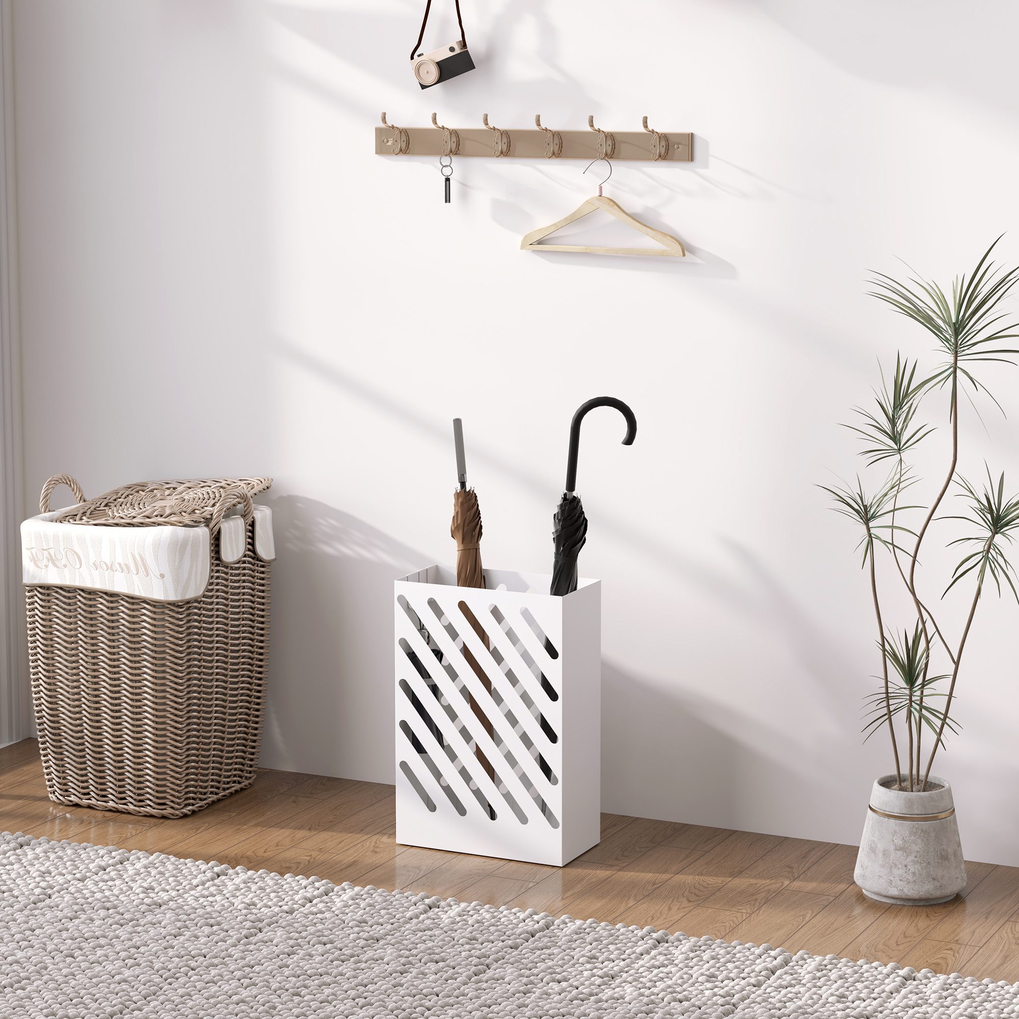 Regenschirmständer mit Tropfschale, 4 Haken, Stahl, 28L x 14B x 41H cm, Weiß