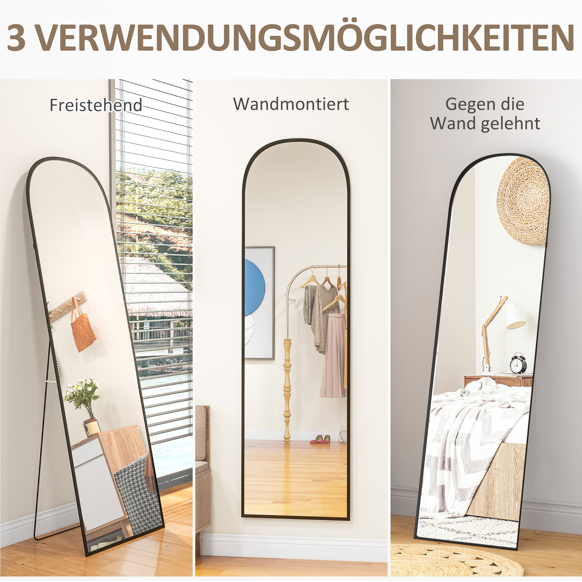 Standspiegel, Ganzkörperspiegel, modernes Design, 50 cm x 1,5 cm x 161,5 cm, Schwarz