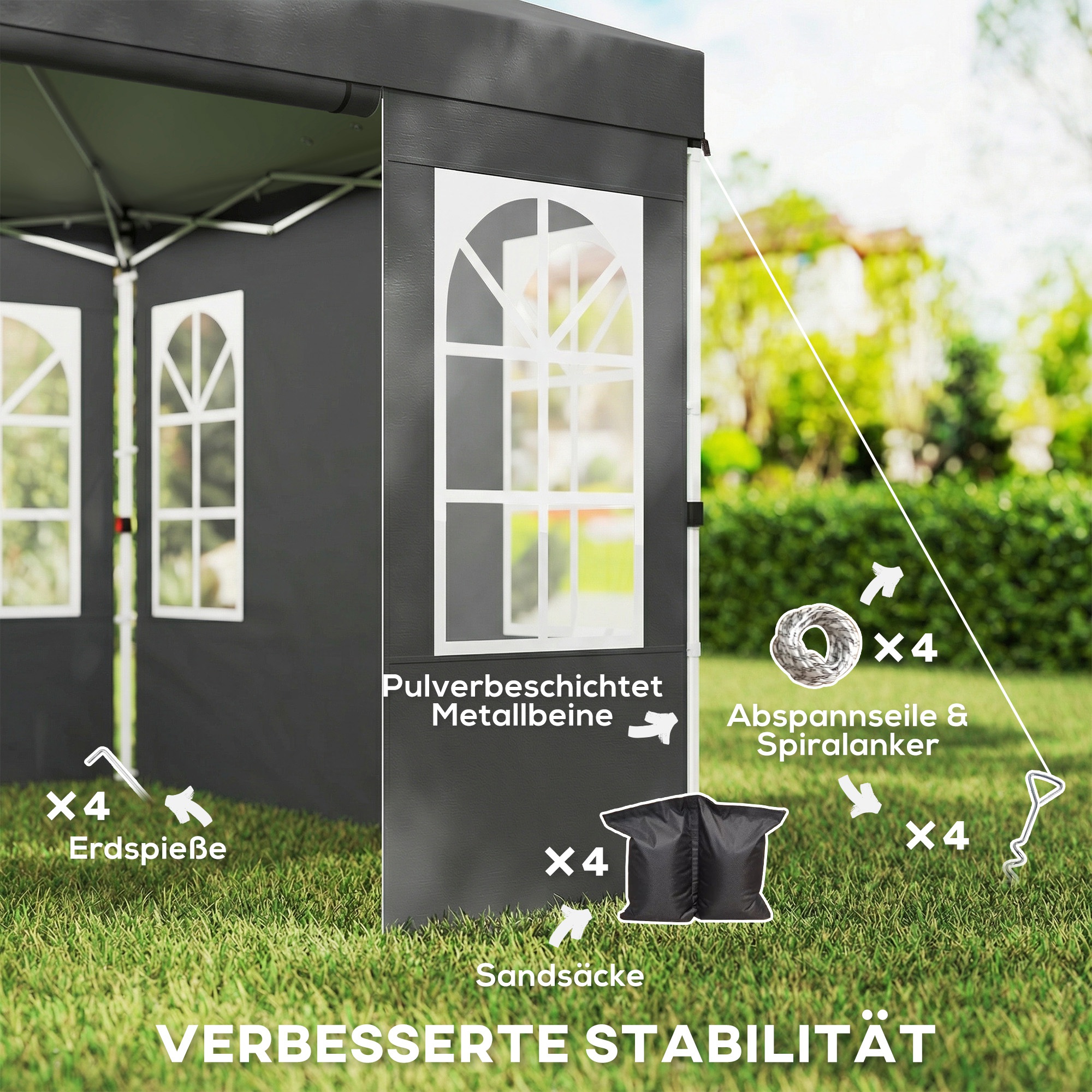 Pavillon 3x3m Wasserdicht Stabil Winterfest Pop-up Faltpavillon, Ein-Knopf-Aufbau, UV 50+ Dunkelgrau