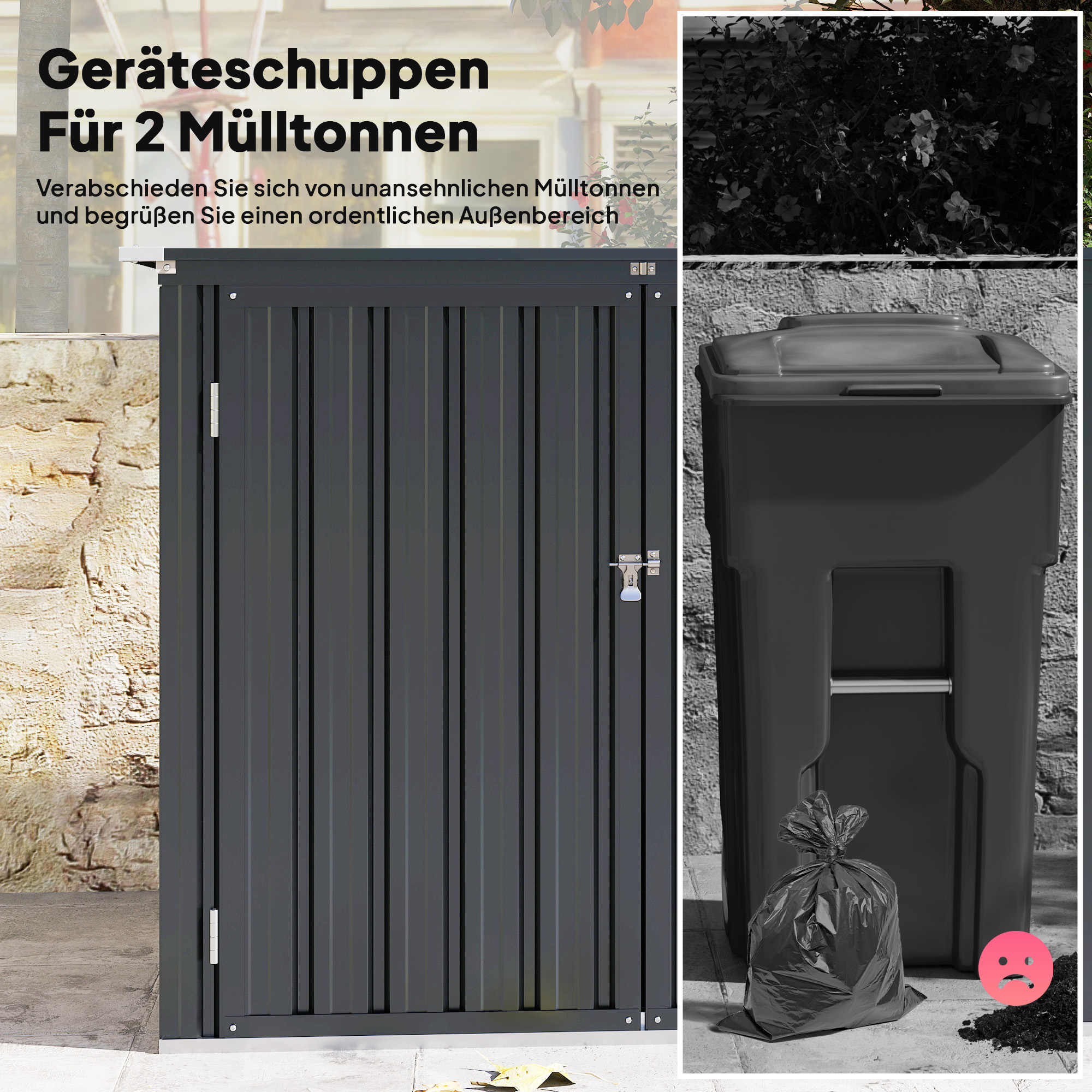 Mülltonnenbox für 2 Tonnen Abschließbar Mülltonnenverkleidung mit aufklappbarem Deckel Dunkelgrau