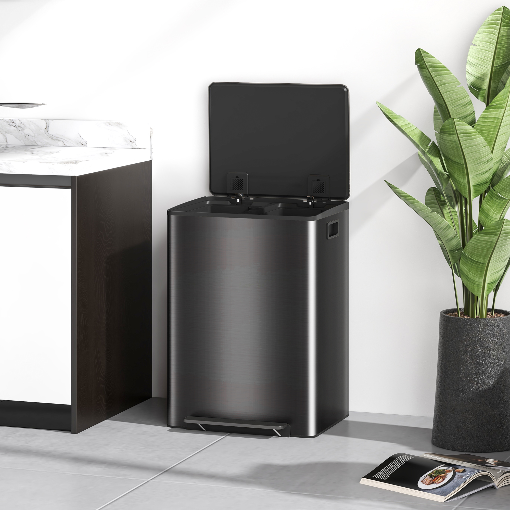 Mülleimer mit 2x30L Fächern, Soft-Close-Deckel, Fingerabdrucksicher, Edelstahl, Schwarz