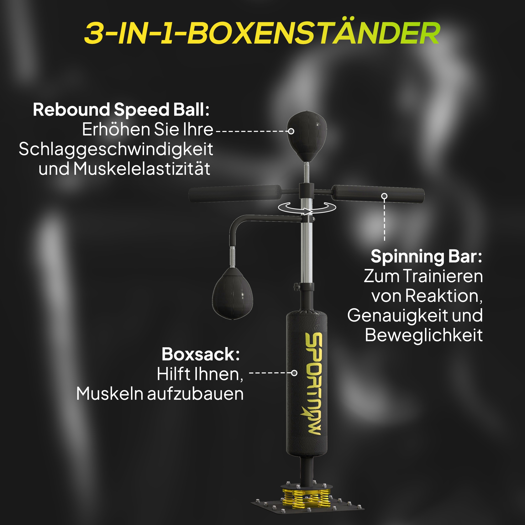Boxstand, zwei Speedballs, drehbare Boxstange, Kickpolster, höhenverstellbar, Stahl, 107 x 36 x 140-205 cm, Schwarz