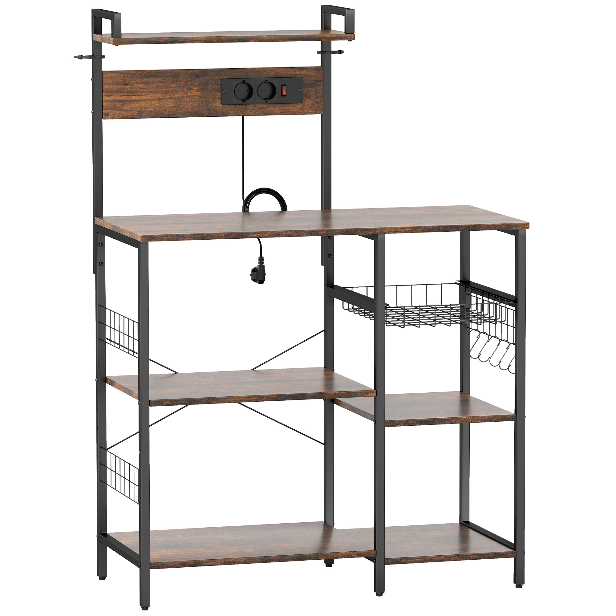 Küchenregal, Standregal mit 2 Steckdosen, 5 S-Haken, 5 Ablagen, Korb, X-Streben Stahl 90 x 42 x 130 cm Küchenregal, Standregal mit 2 Steckdosen, 5 S-Haken, 5 Ablagen, Korb, X-Streben Stahl 90 x 42 x 130 cm