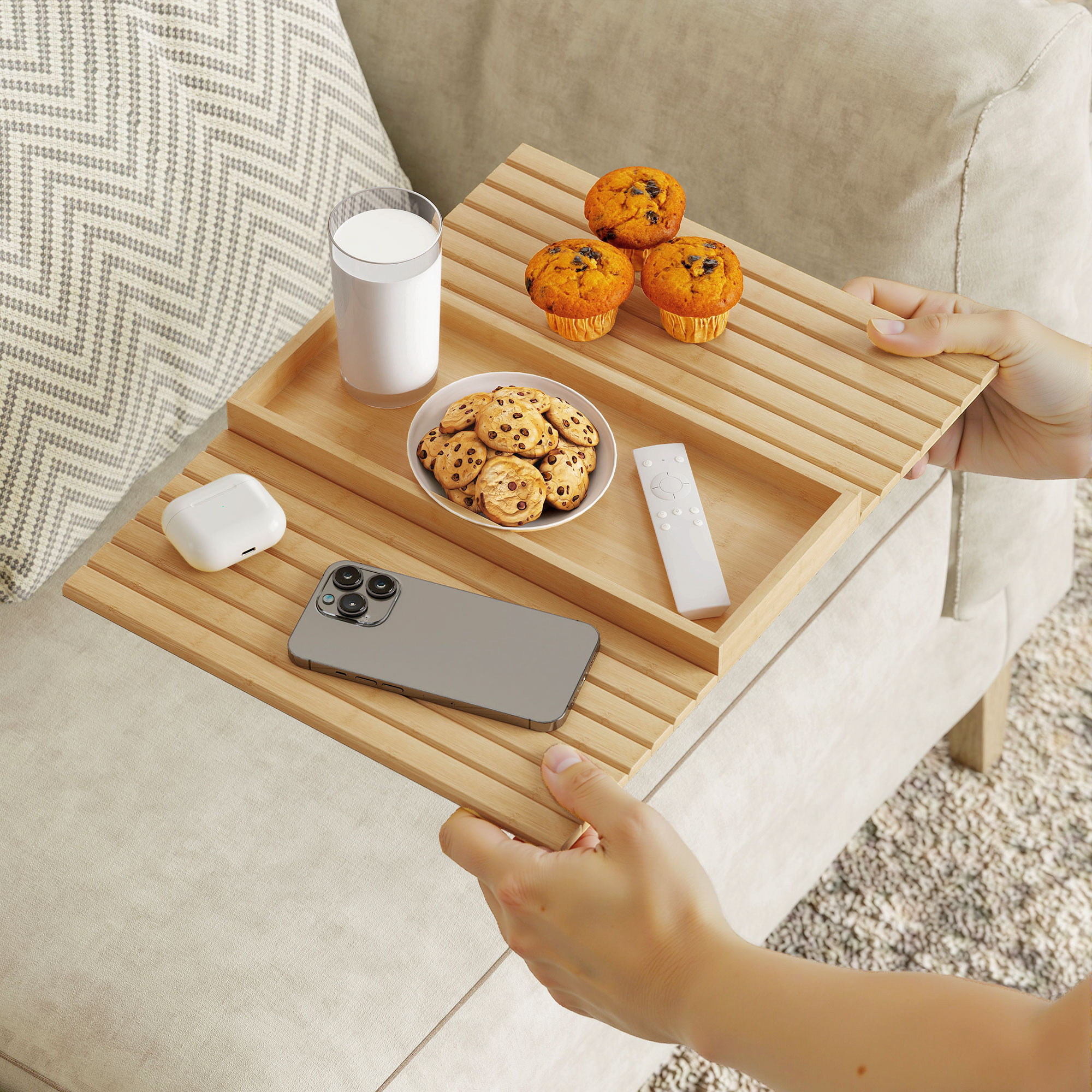 Armlehnen-Tablett für Sofas, für Getränke, Snacks, Fernbedienung, Bambusholz
