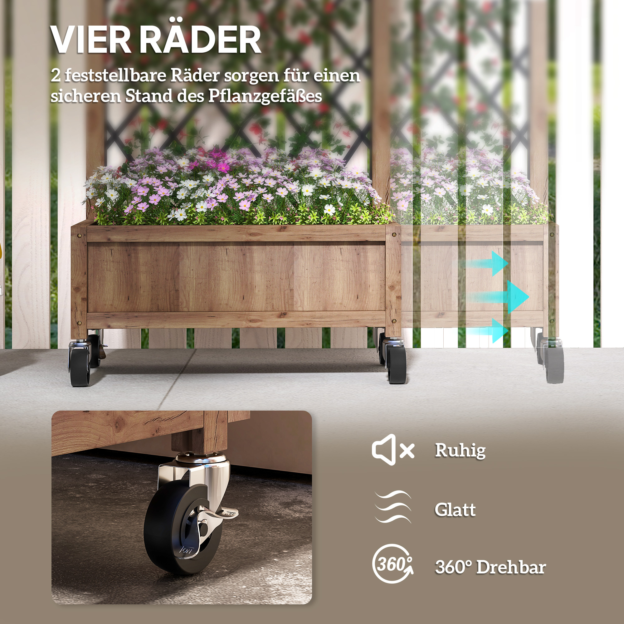 2er Set Hochbeet Pflanzkasten mit Rolle, Rankgitter, Spalier Pflanzkübel Blumenkasten Holz 52x25x97cm Braun