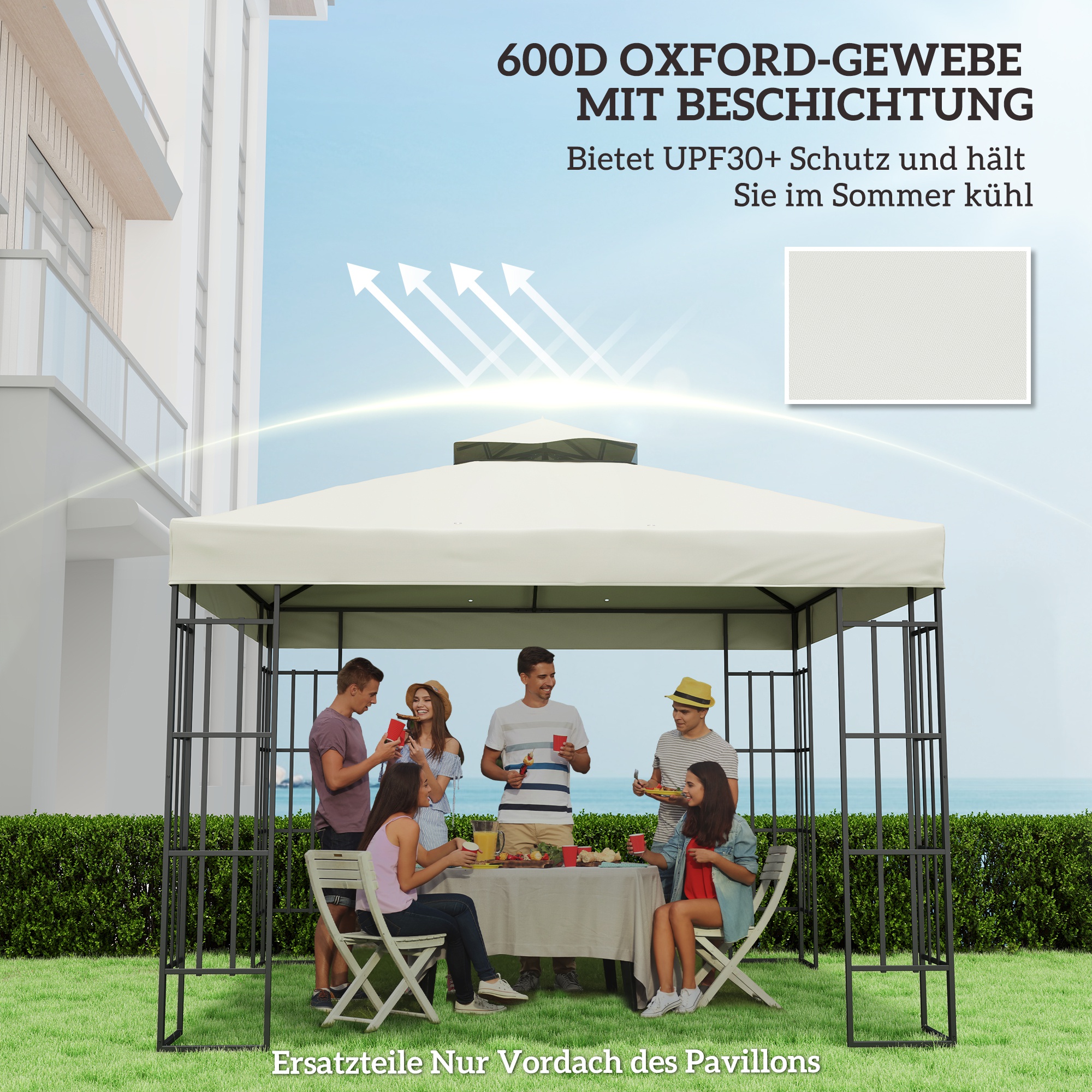 3 x 3 m Ersatzdach für Pavillon, Pavillon-Ersatzplane mit Wasserablauf-Löchern, UPF30+, Sonnenschutz, Hellgrau