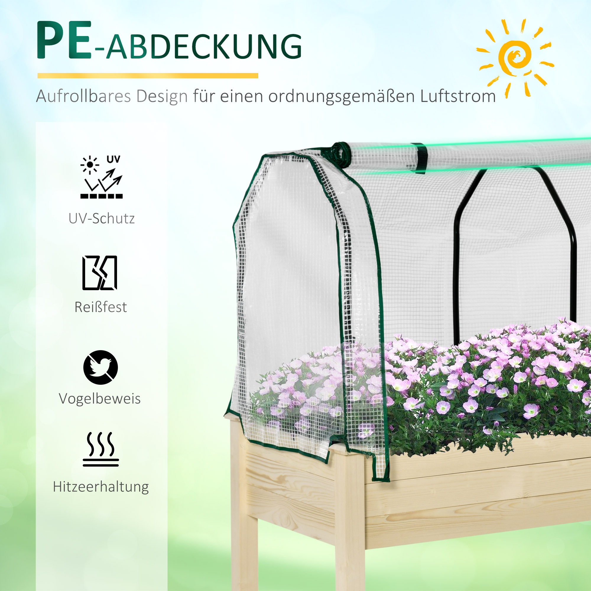 Hochbeet, aufrollbare Folienabdeckung, Naturholzrahmen, Stoffauskleidung, Drainageöffnungen, 121 x 55 x 117cm
