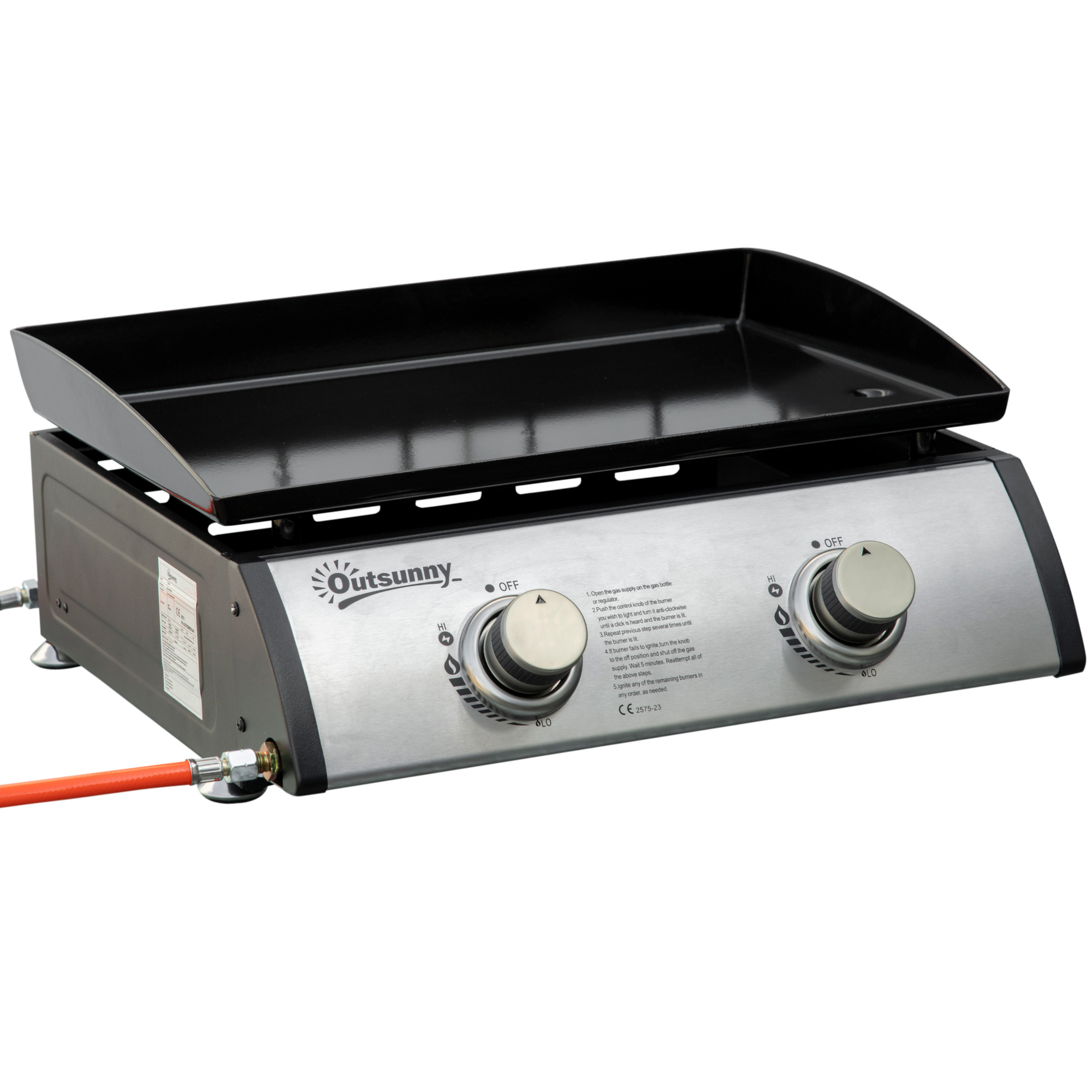Gasgrill mit 2 Brennern, Schlauch, Antihaft-Grillplatte, Edelstahl, Farbe: Silber, 48,5 x 48 x 21 cm