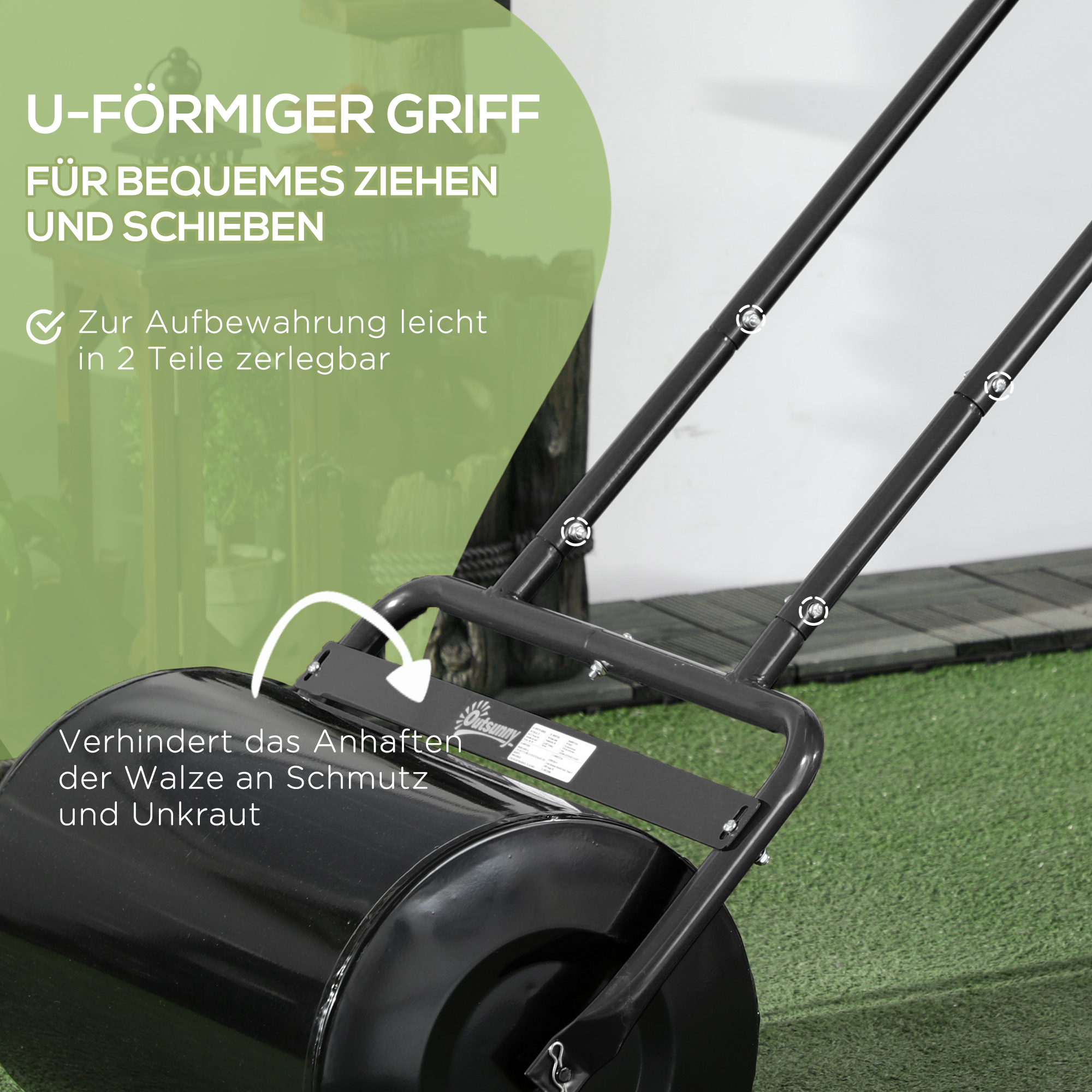 Rasenwalze mit U-Griff, Gartenwalze, Gartenrolle, 32 cm Durchmesser, 38 L Wasser-/62 kg Sand, Metall, Schwarz, 58 x 32,5 x 113 cm