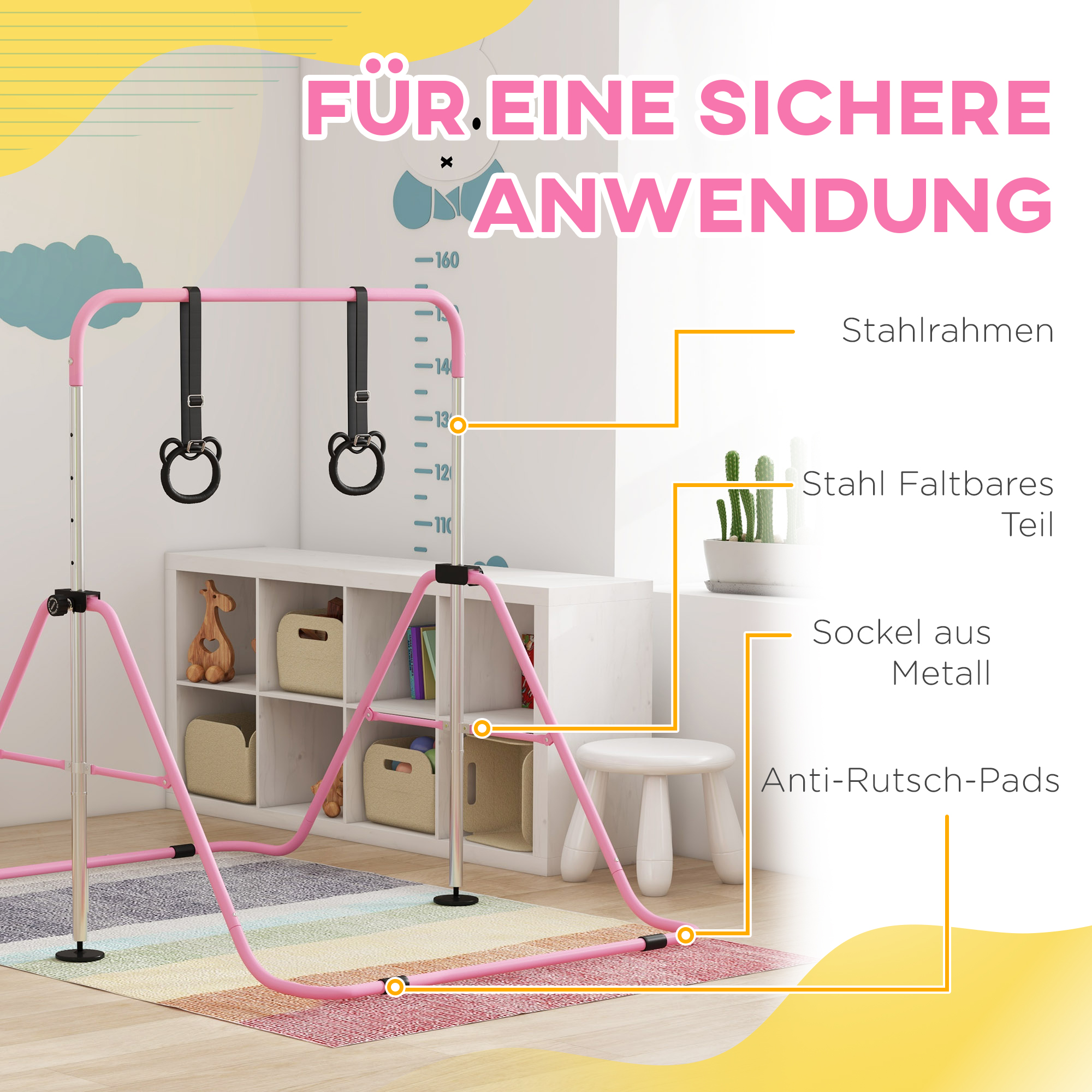 Kinder-Turnbarren mit Ringen, höhenverstellbar, klappbar, rutschfest, Stahlrahmen, 148x105x88-128 cm, Pink