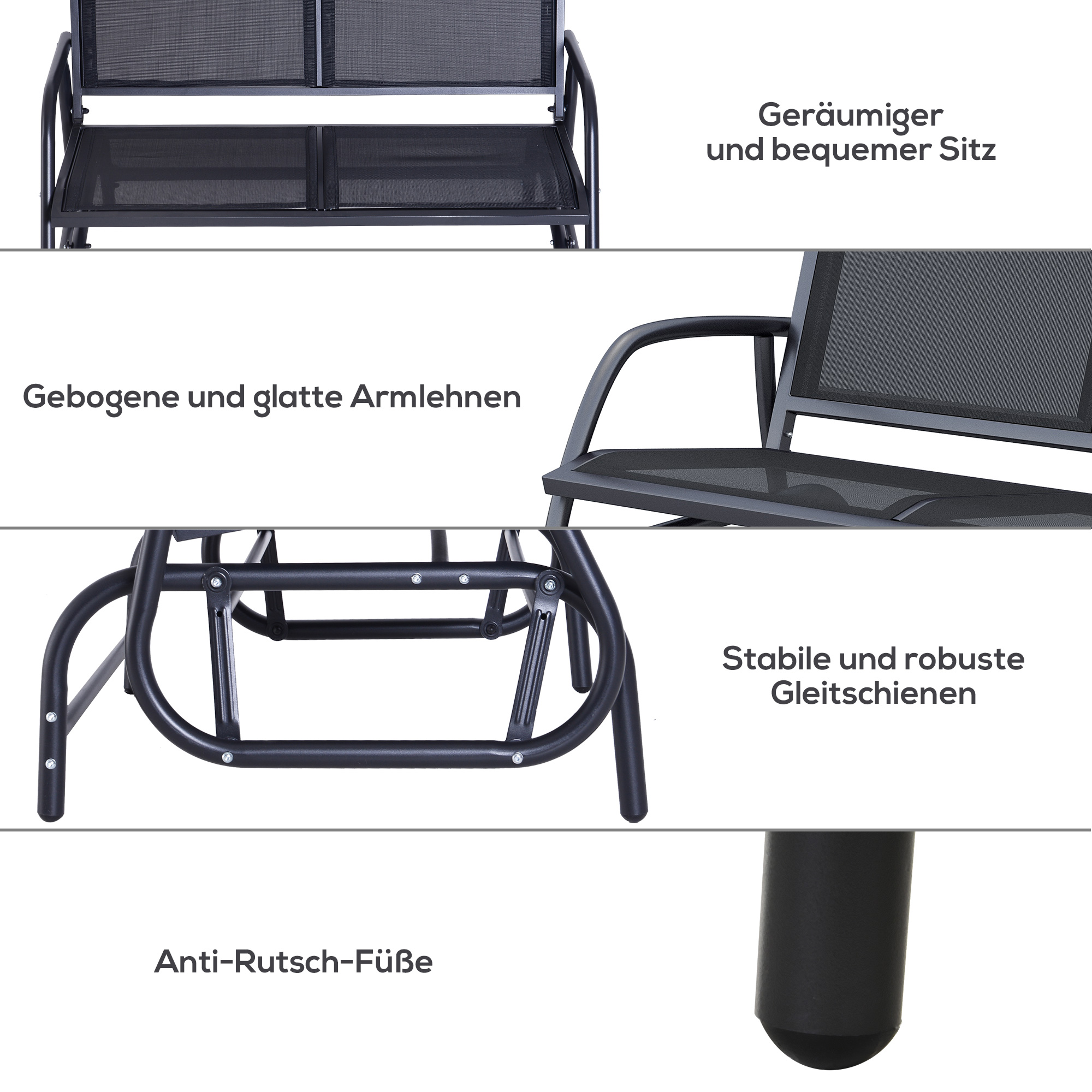 2-Sitzer Schaukelstuhl Gartenbank mit Schaukelmechanismus bis 200 kg belastbar 120 x 70 x 85 cm Schwarz