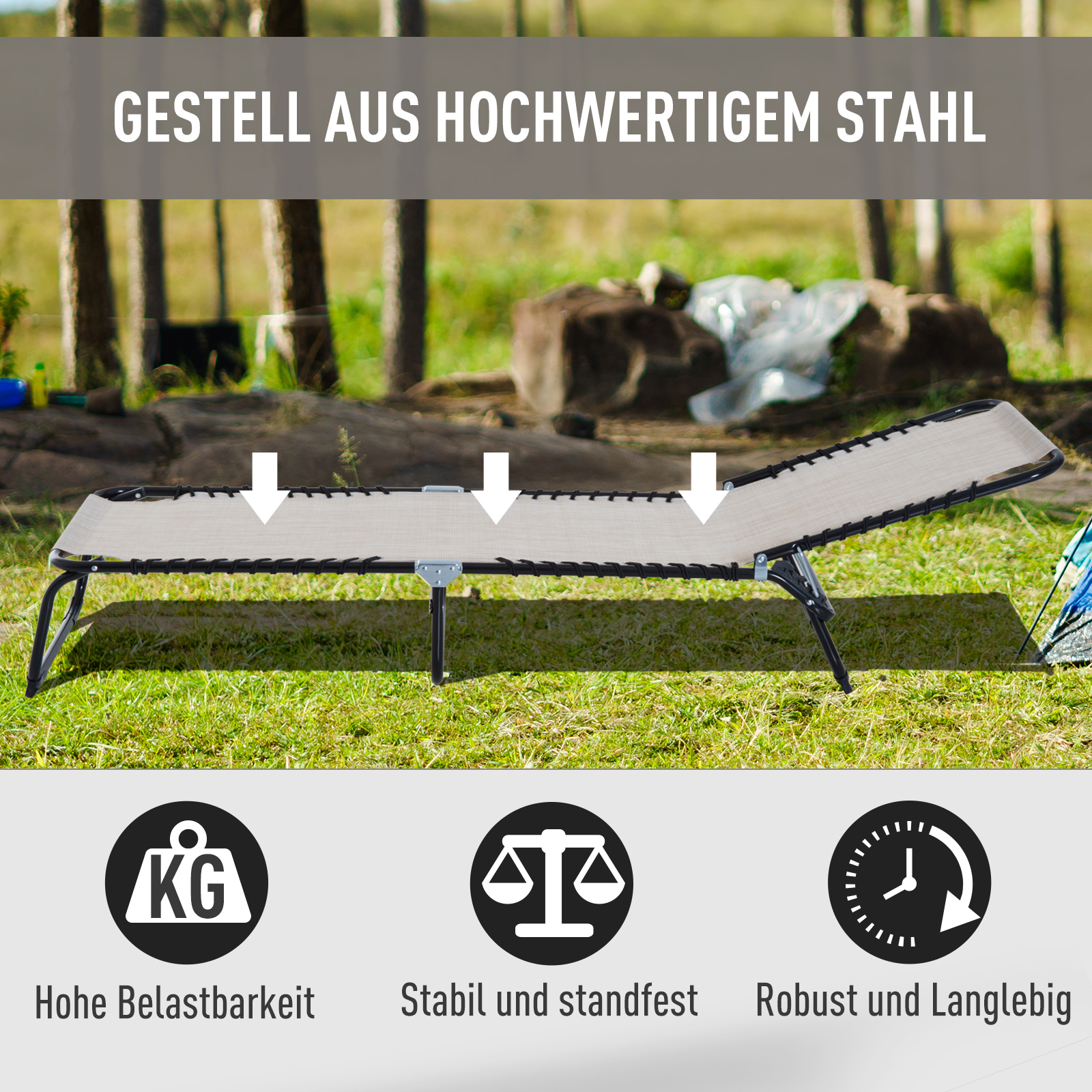 Sonnenliege klappbar Gartenliege, Liegestuhl mit 4-Fach verstellbare Rückenlehne, wetterfeste Campingliege bis 120 kg belastbar, für Garten Strand Pool, Cremeweiß