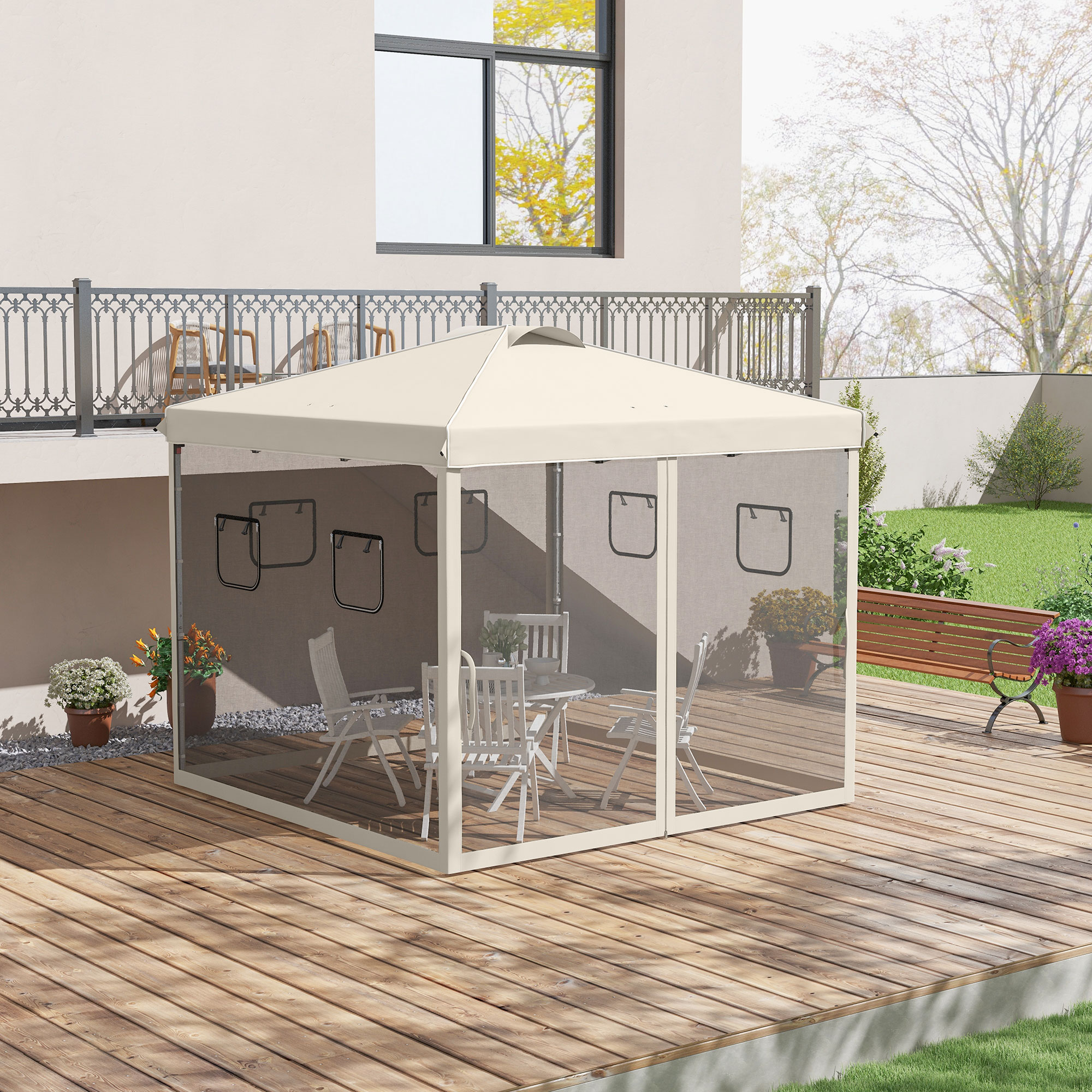 Faltpavillon, höhenverstellbar, Netzvorhänge, Tragetasche, Metallgestell, 3 x 3 x 3 m, Beige