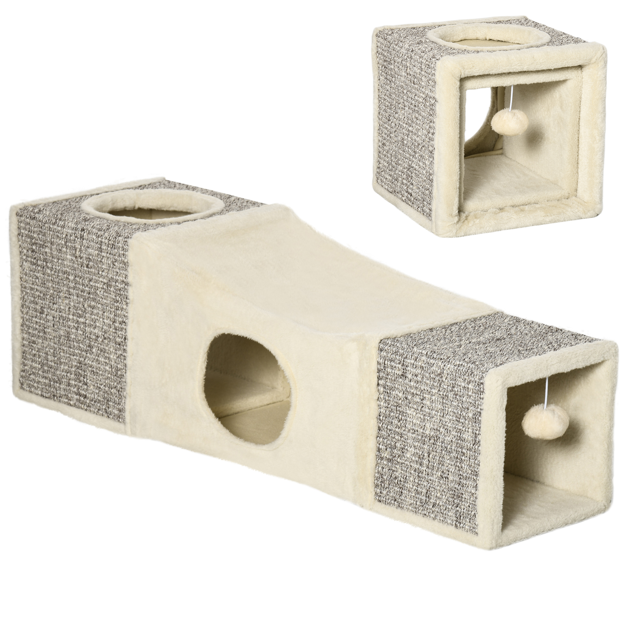 Katzentunnel, 2 Katzenhöhlen, Kratzflächen und Ballspielzeug, 98 cm x 30 cm x 30 cm, Braun + Beige