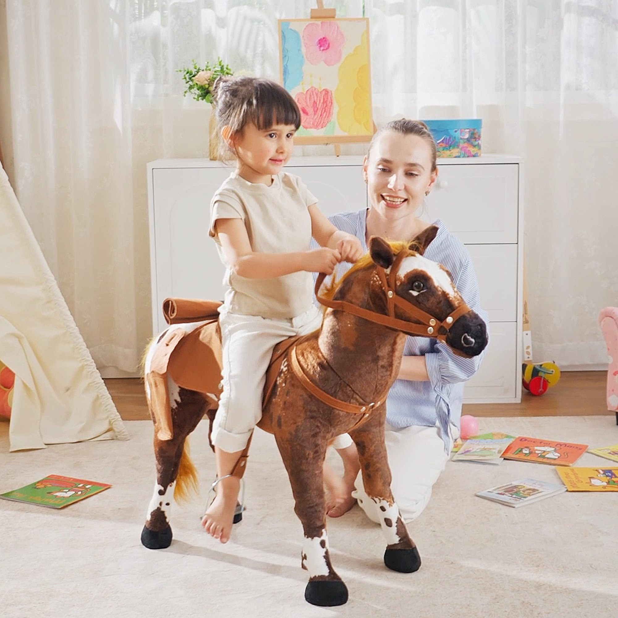 Reitpferd Spielpferd zum Reiten Stehpferd mit Sattel, Sound, Steigbügel Plüschpferd für Kinder ab 2 Jahren Braun