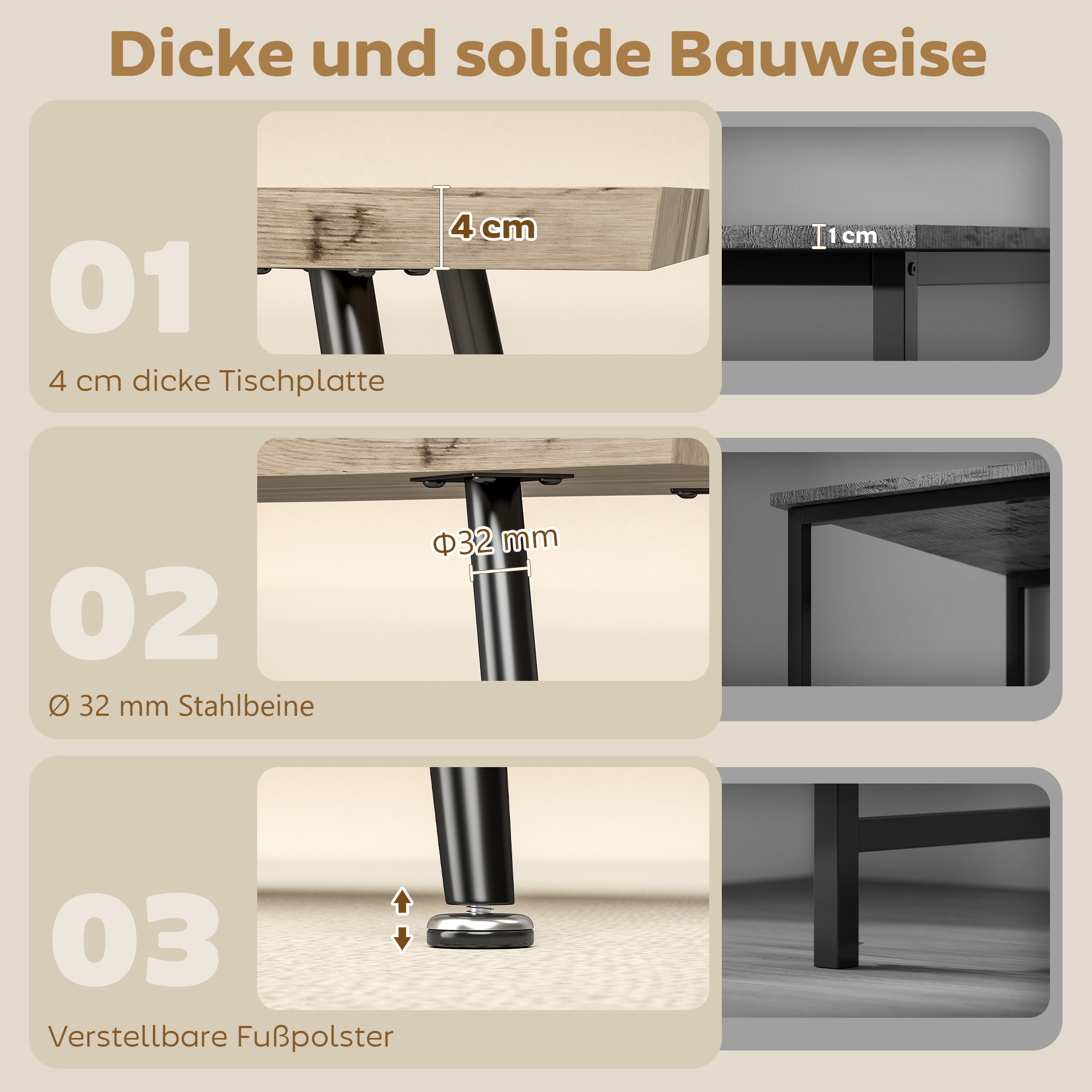 Couchtisch Beistelltisch mit Stahlbeine, 4 cm dicker Tischplatte Wohnzimmertisch 100 x 50 x 45 cm Eiche+Schwarz