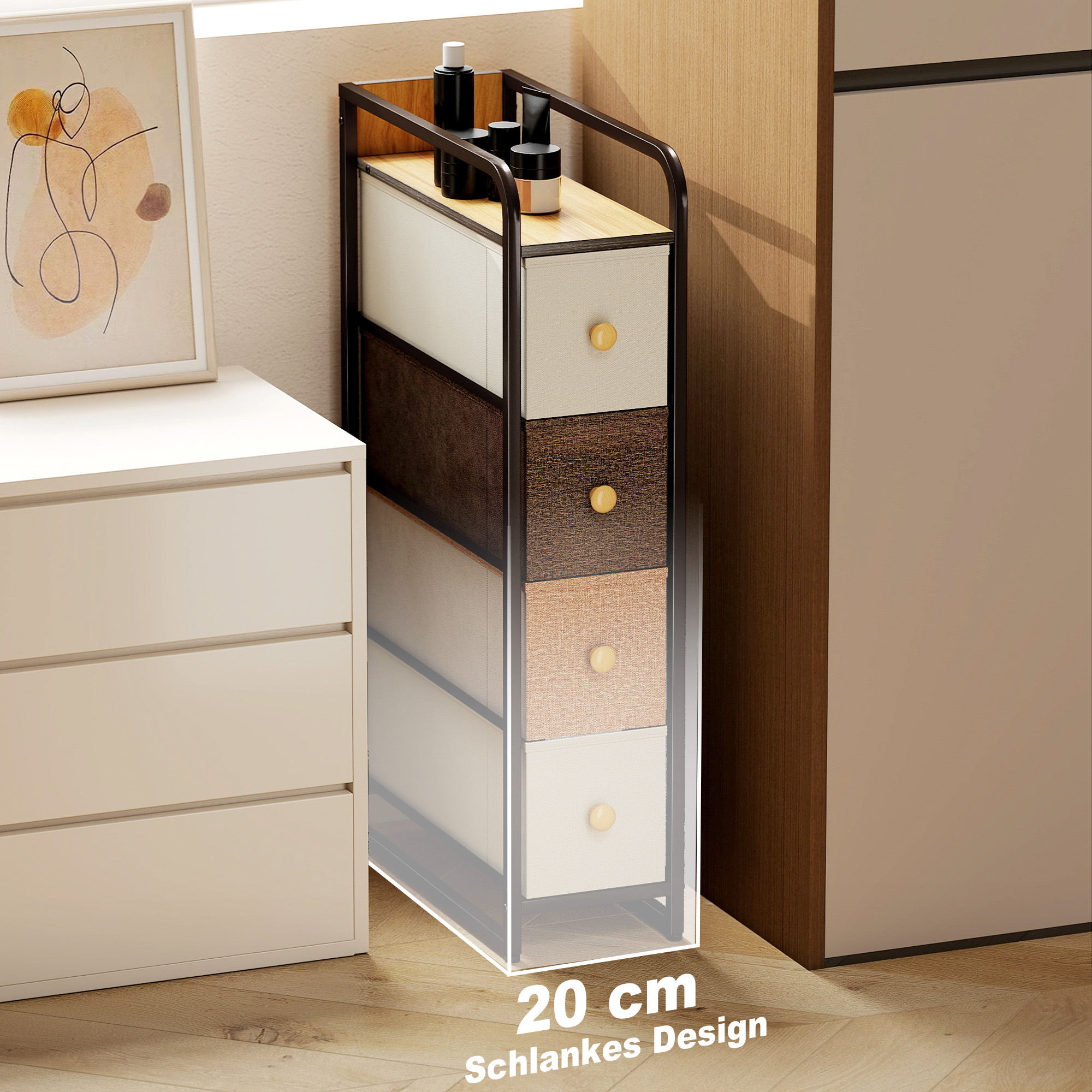 Kommode Schrank mit 4 Schubladen aus Vliesstoff Aufbewahrungsschrank mit Stahlrahmen, 20 x 47 x 84,5 cm, Mehrfarbig