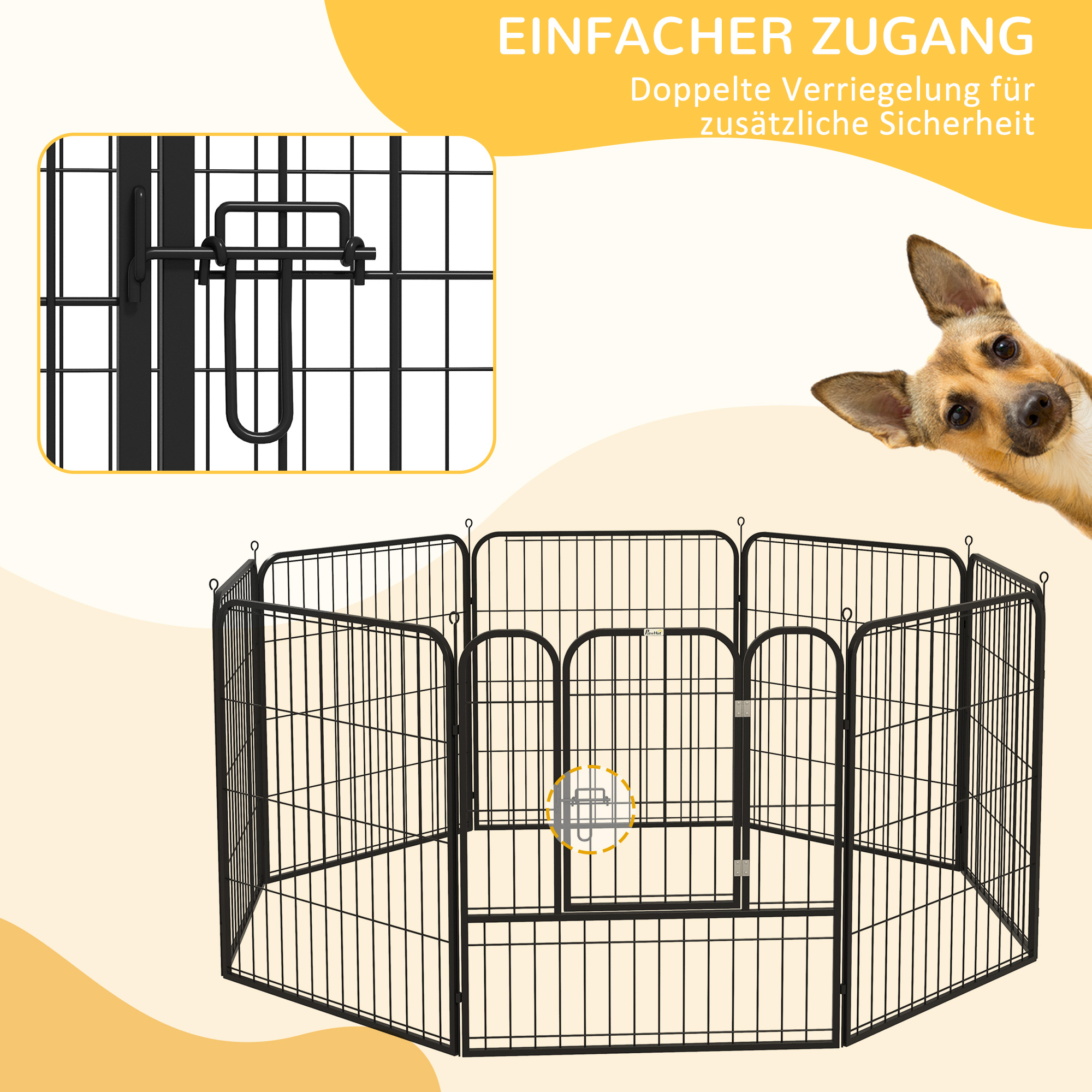 Welpenlaufstall, 8-teilig 80cm hoch Welpenauslauf mit abschließbarer Tür 8 Gitterplatten Stahl Hundelaufstall Freilaufgehege für kleine, mittlere Hunde, für drinnen und draußen, Grau