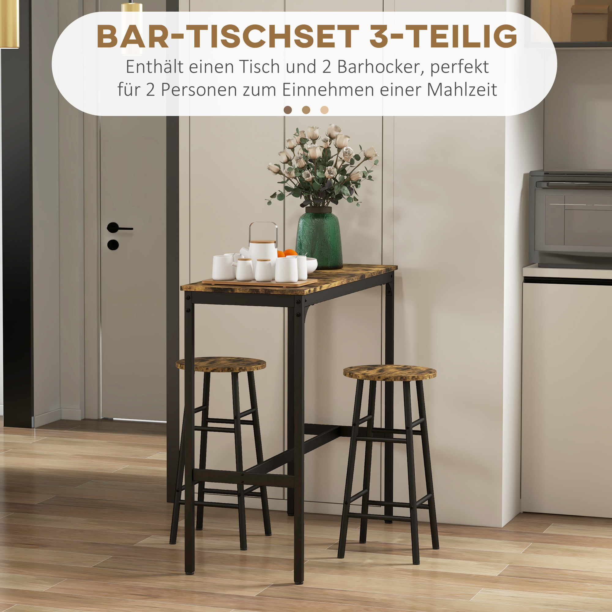 Bartisch mit 2 Stühlen im Industriedesign 2er-Set Barhocker mit Tisch, Industriedesign, 3-teilig, Braun + Schwarz