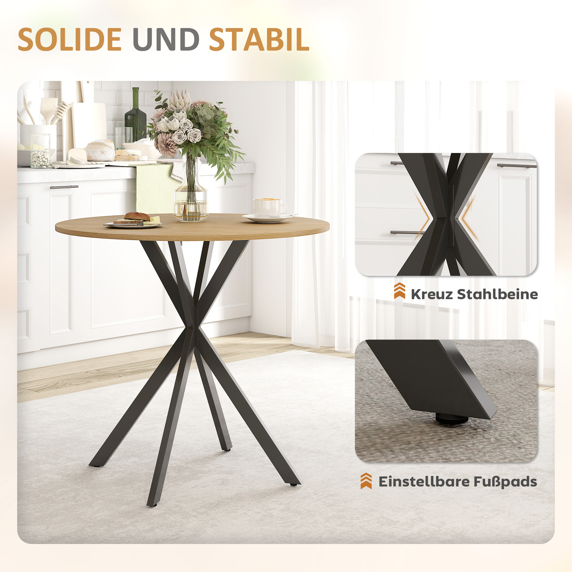Runder Küchentisch, 80 cm, kompakte Tischplatte, Spanplatte, Metall, Weiße Eiche+Schwarz