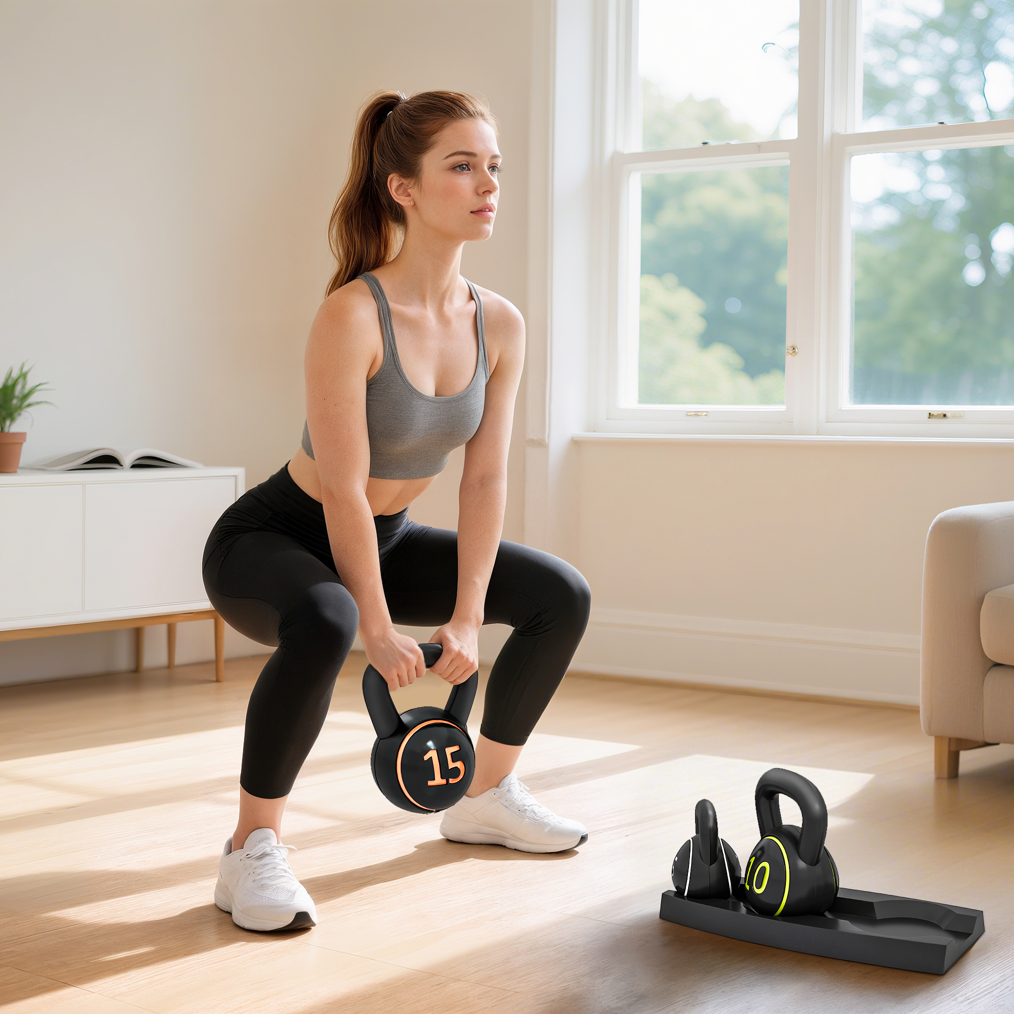 Kettlebell Set, 3 Kugelhanteln 2,2kg/4,5kg/6,8kg, Kunststoffhülle, Schwarz