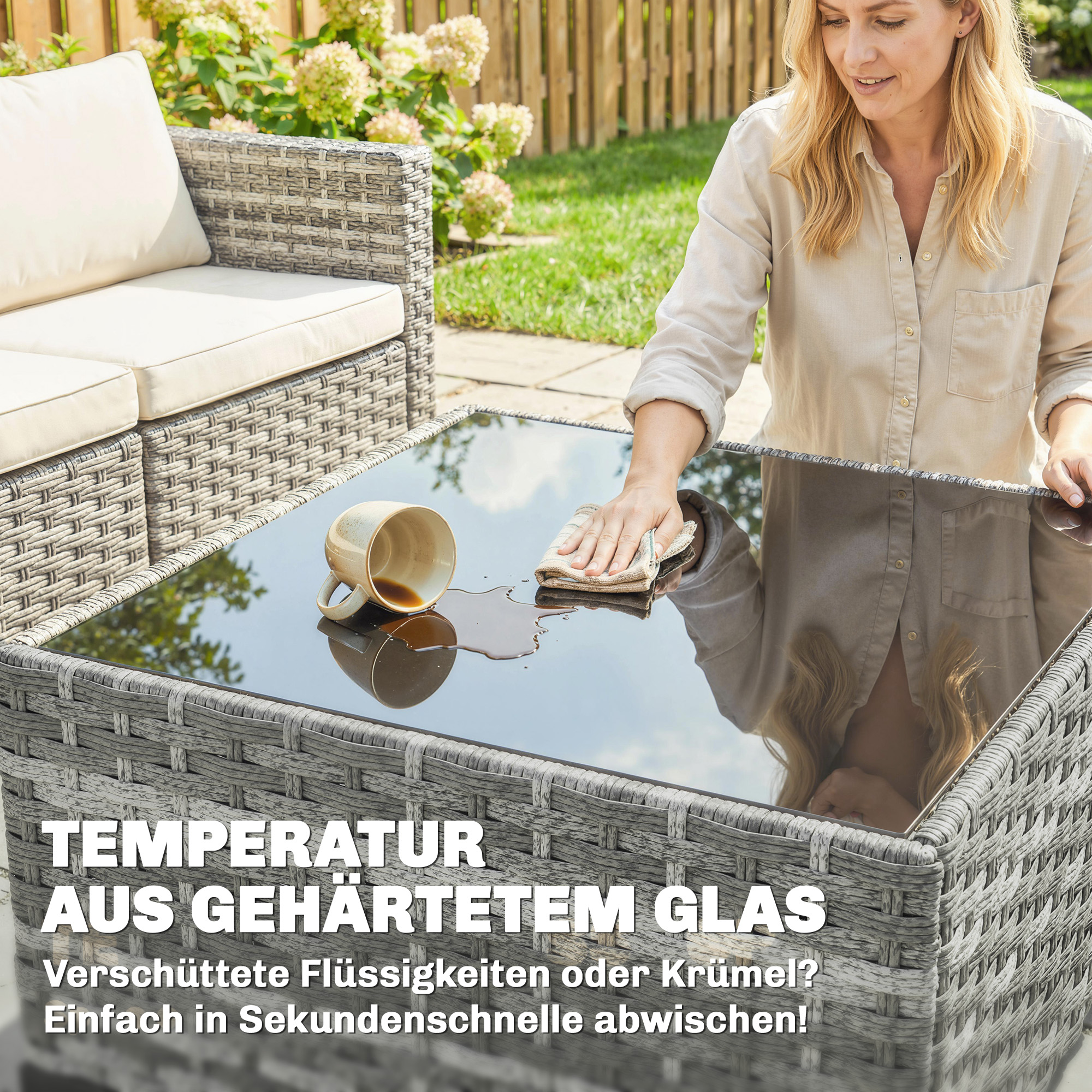 Polyrattan Gartenmöbel Set 5-teilig, Lounge Set mit Ecksofa Hocker Tisch Sitz- & Rückenkissen Grau+Cremeweiß