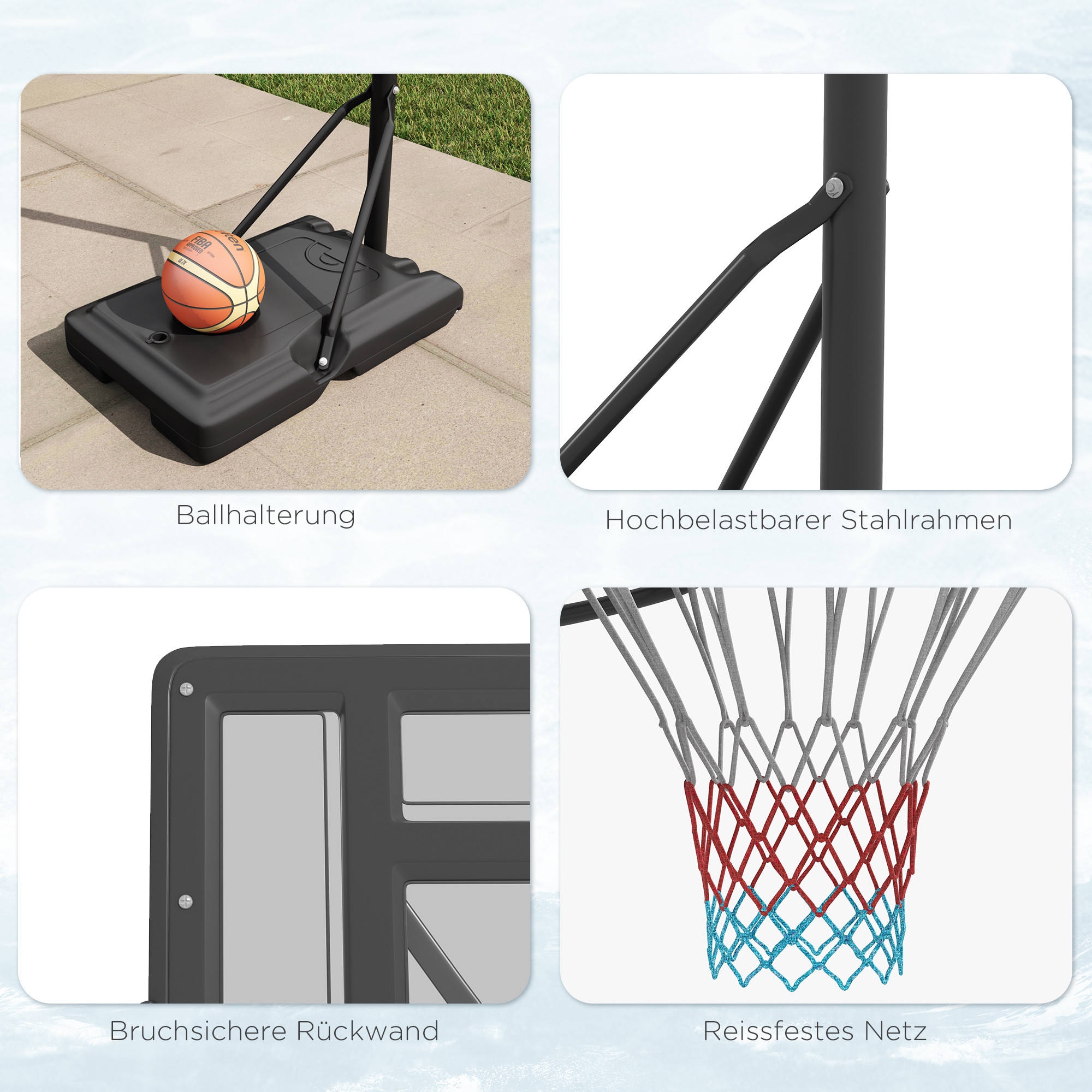 Basketballständer, outdoor/indoor, höhenverstellbar, mit Rädern, befüllbare Basis, Korbhöhe 2,30-3,05 m