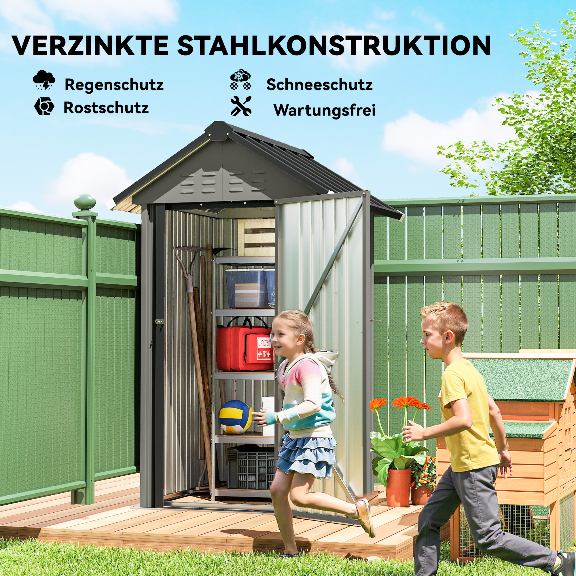 Metall Gerätehaus 1,17 m², Geräteschuppen mit Satteldach Lüftung Schloss Handschuhen, 122 x 121 x 192 cm