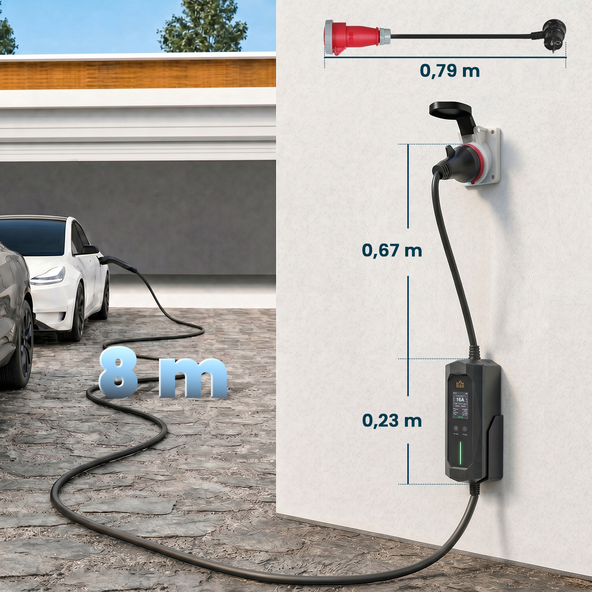 Mobile Wallbox 11kW 8m Typ 2 6–16 A 3-Phasig Ladekabel CEE 16A auf Typ 2 mit Einstellbarer Ladeleistung Startzeitvorwahl