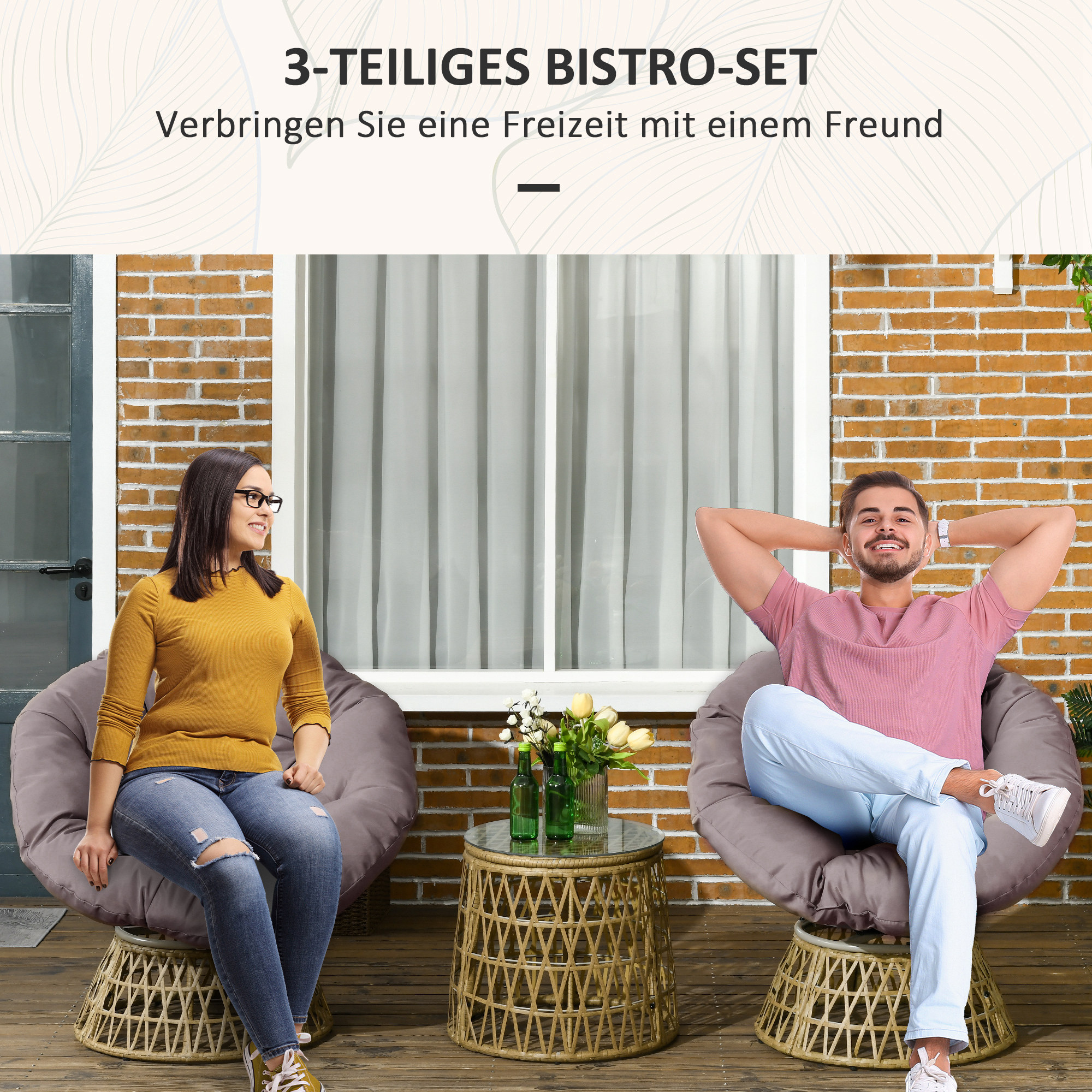 Bistro-Set Balkon-Set Terrassenset, wetterbeständig, abnehmbare Polster, 85 cm x 70 cm x 82 cm, Natur +Hellbraun