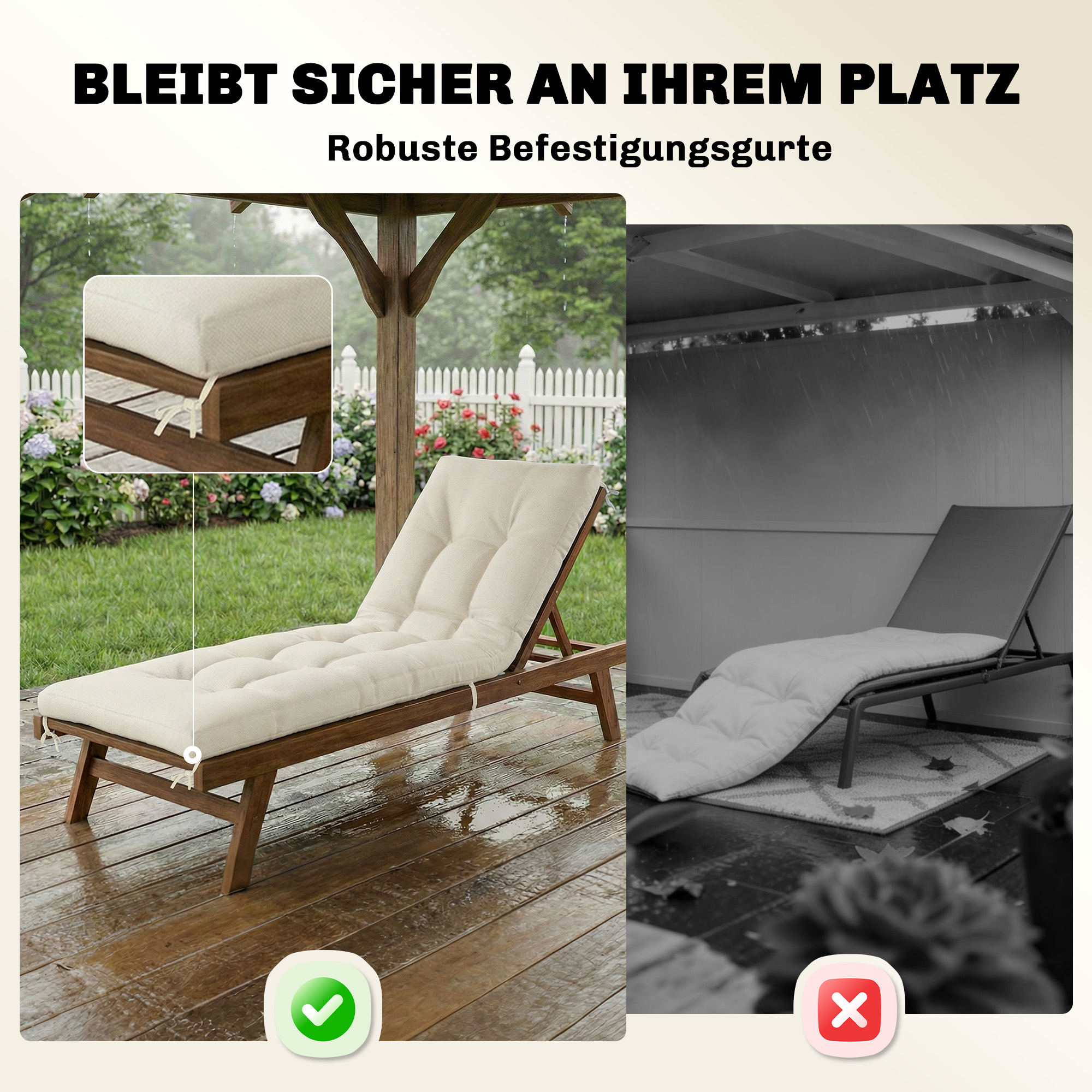 Palettenkissen Abnehmbar Sitzkissen mit Befestigungsbändern Palettenpolster für die meisten Liegen 198x65x13cm Beige