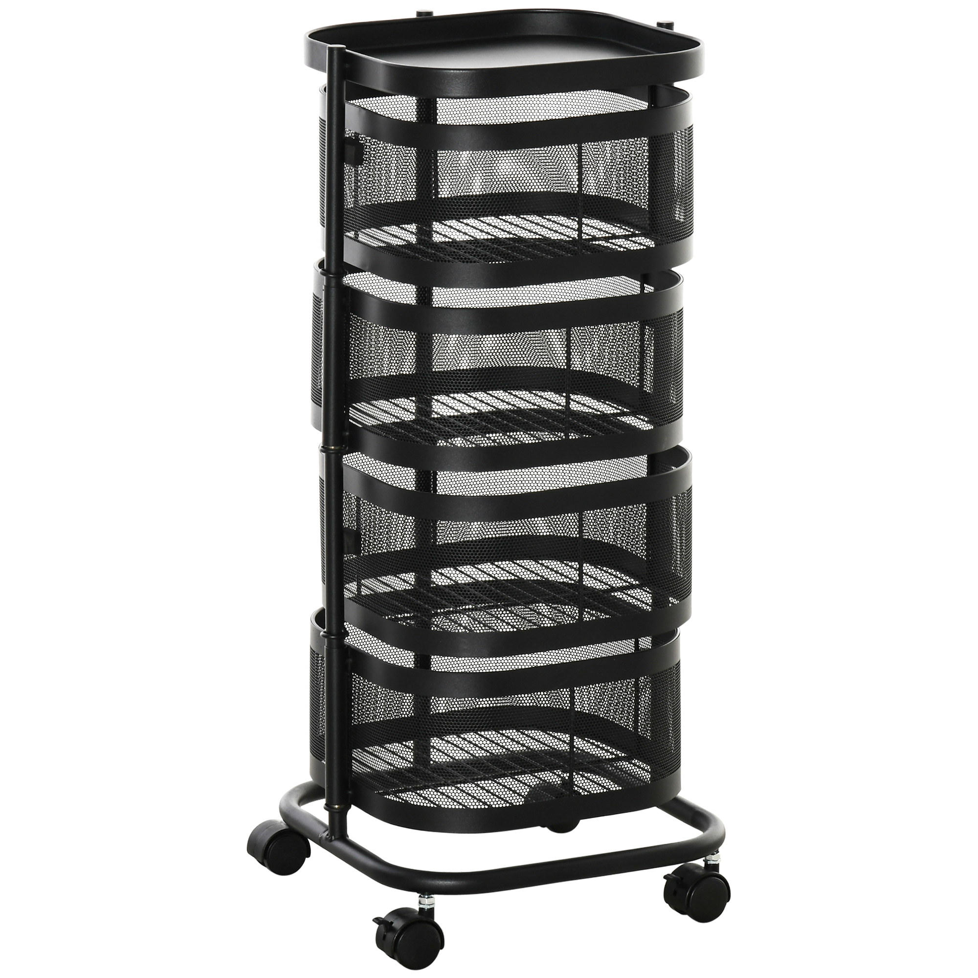 Servierwagen mit 4 Ebenen drehbar Küchenwagen mit Rollen Drahtkorb Rollwagen mit oberen Regal 33x33x77 cm Schwarz
