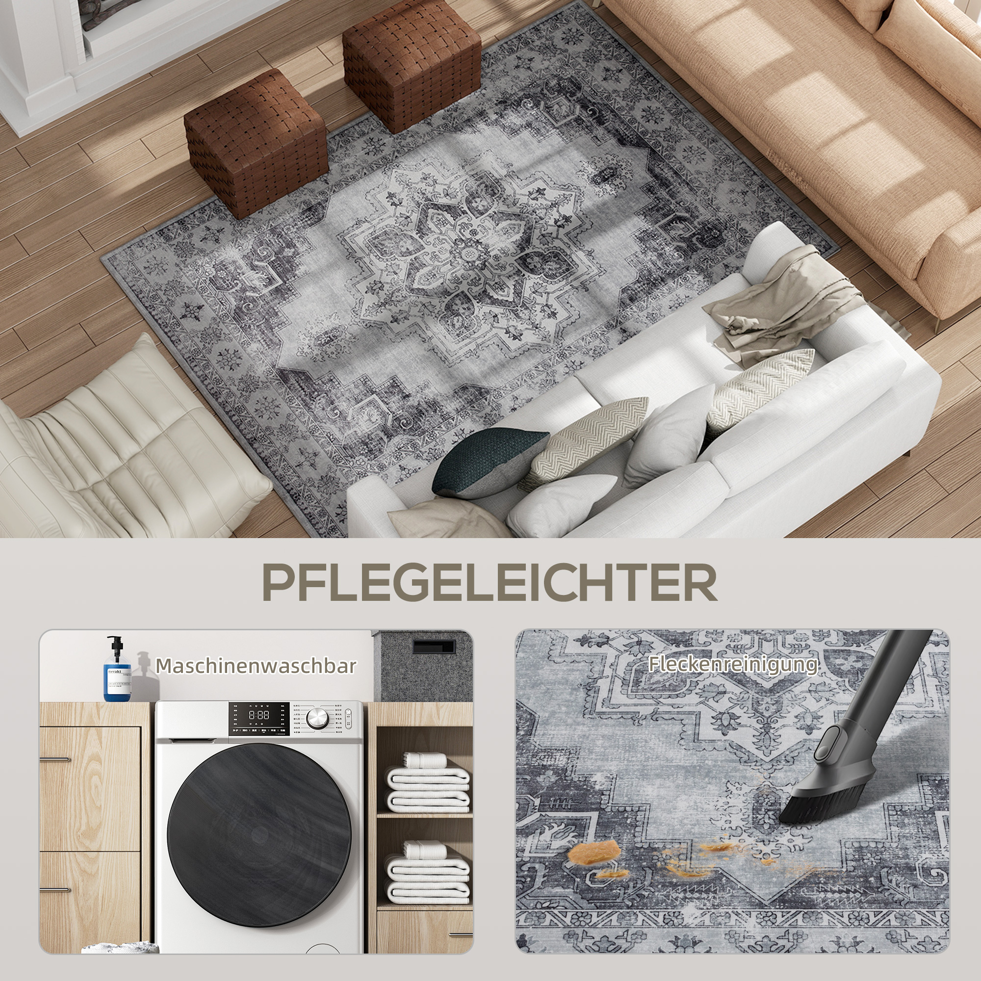 Teppich Maschinenwaschbar Anti-Rutsch Wohnzimmerteppich mit Flanell-Optik, 230 x 160cm, Grau