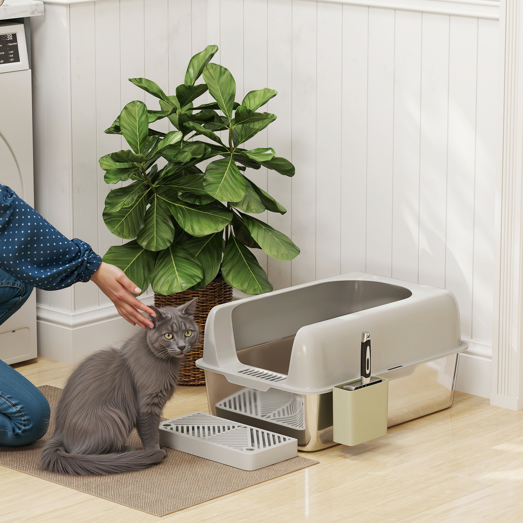 Katzentoilette, Katzenklo, Edelstahl, hohe Wände, Aufbewahrungsbox, Hellgrau