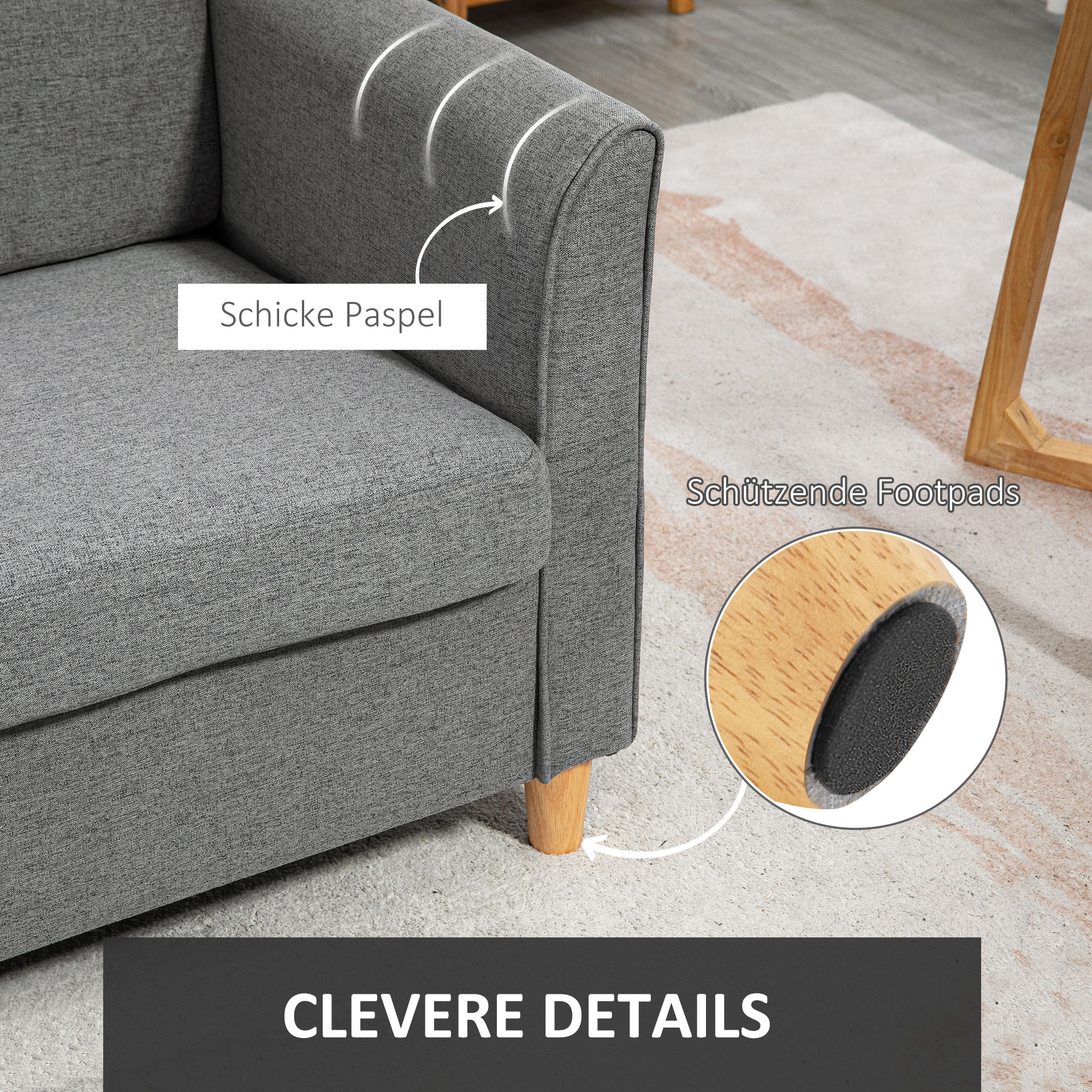 2 Sitzer Sofa, Couch mit Holzbeine, Leinenoptik, Gepolsterter Polstersofa, Doppelsofa im Modern-Stil für Wohnzimmer, Schlafzimmer, Grau