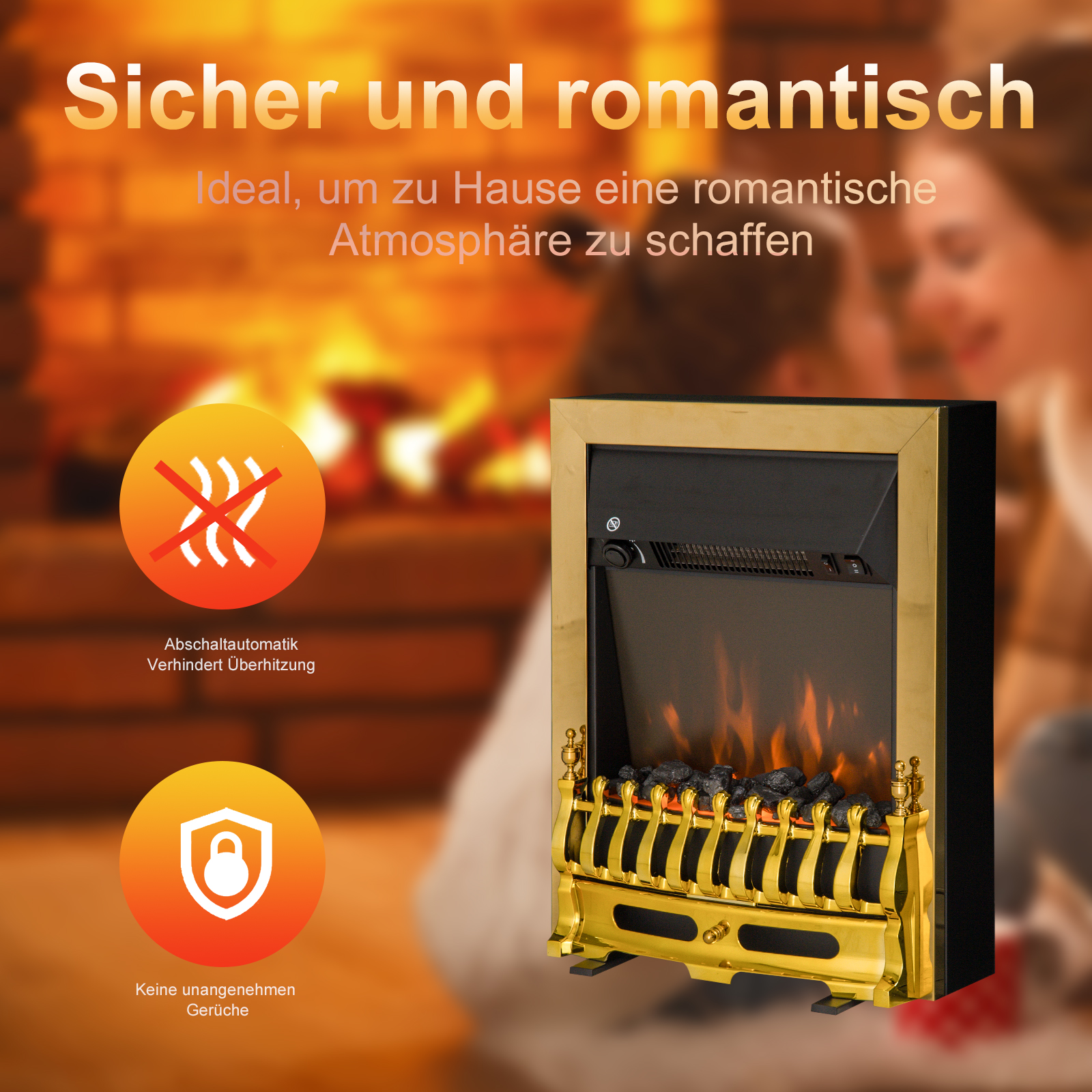 Elektrokamin mit Heizung, elektrischer Kamin mit LED Flammeneffekt, 1000/2000W Dekokamin, elektrisch Kaminfeuer Kaminofen, Gold
