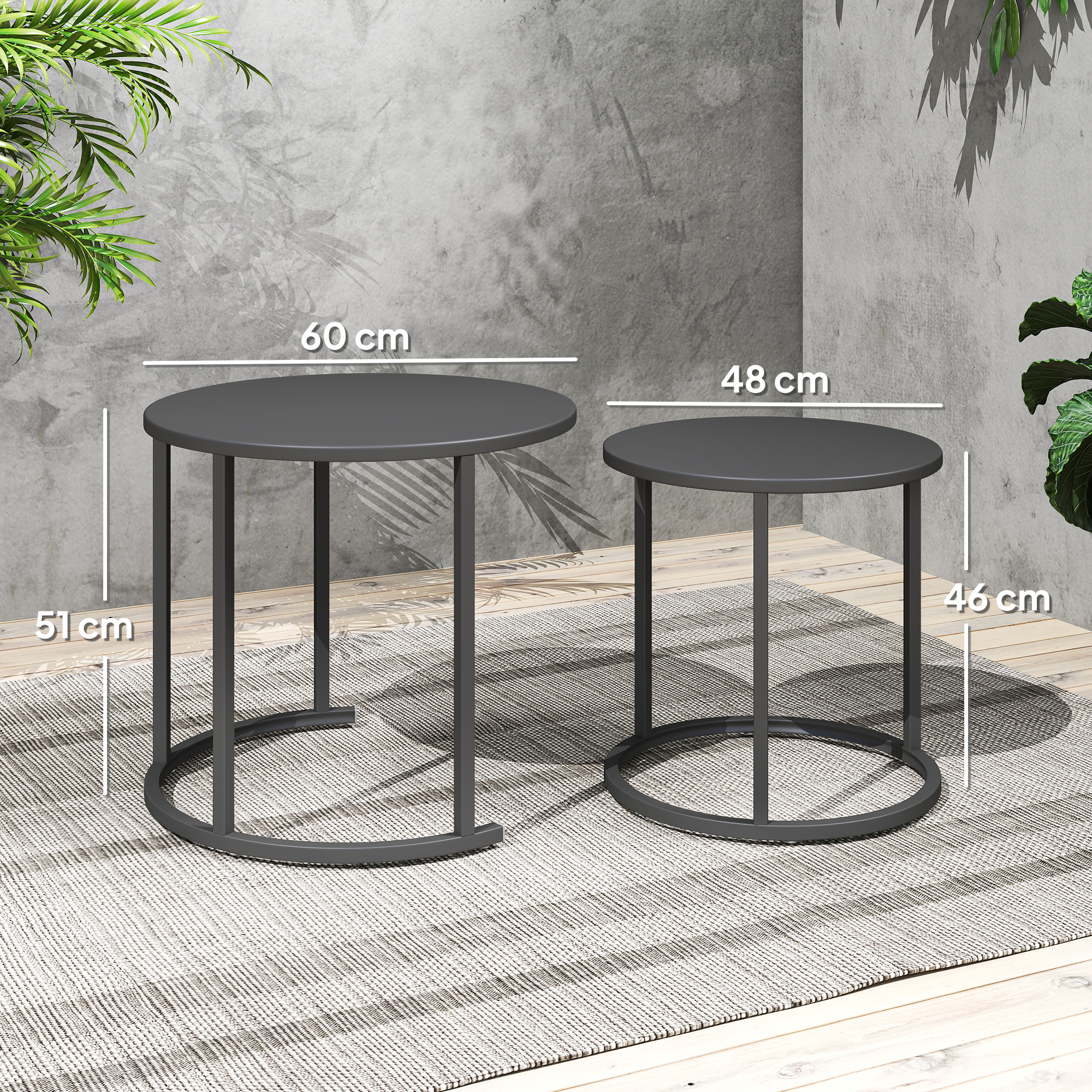 2er Set Beistelltisch Stapelbar Gartentisch Rund wetterfest Balkontisch aus Stahl platzsparend Dunkelgrau