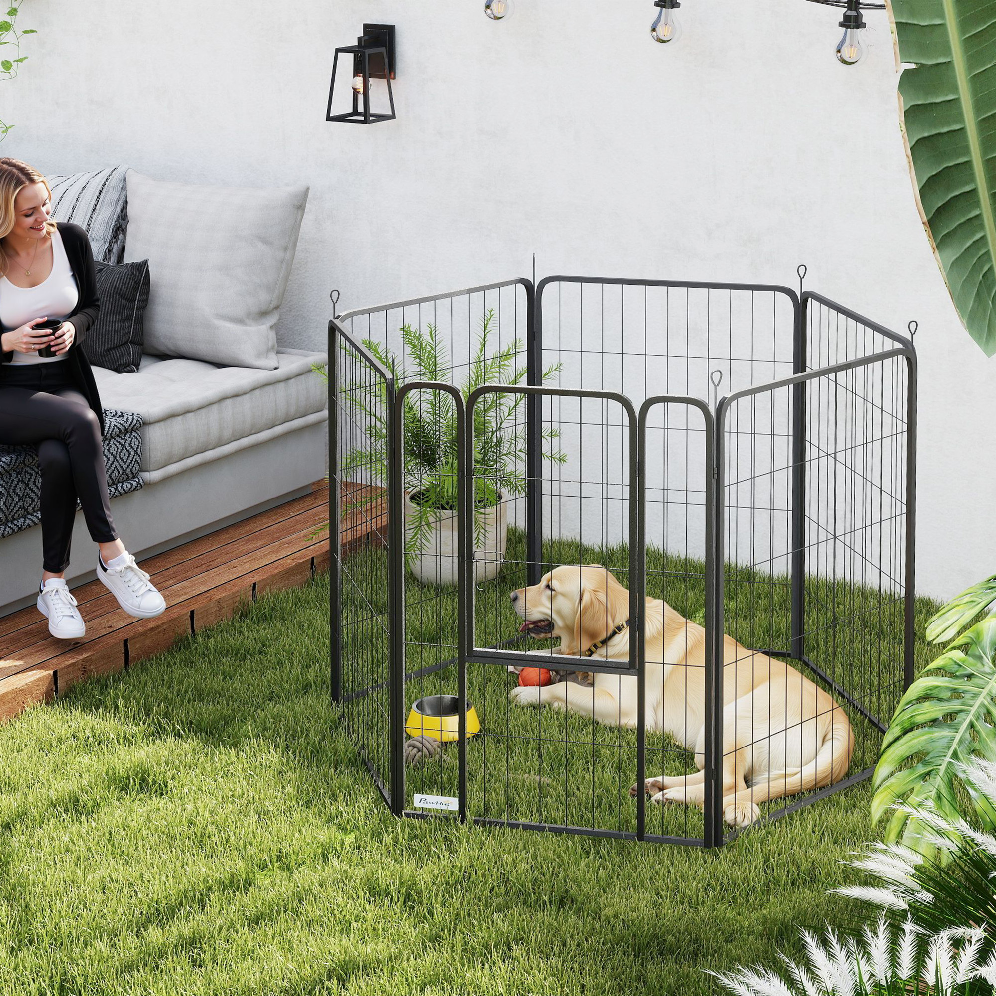 Laufstall für Hunde mit 6 Paneelen, robust, mit sicherer Tür, für drinnen und draußen, für Garten, Camping, 100 cm hoch