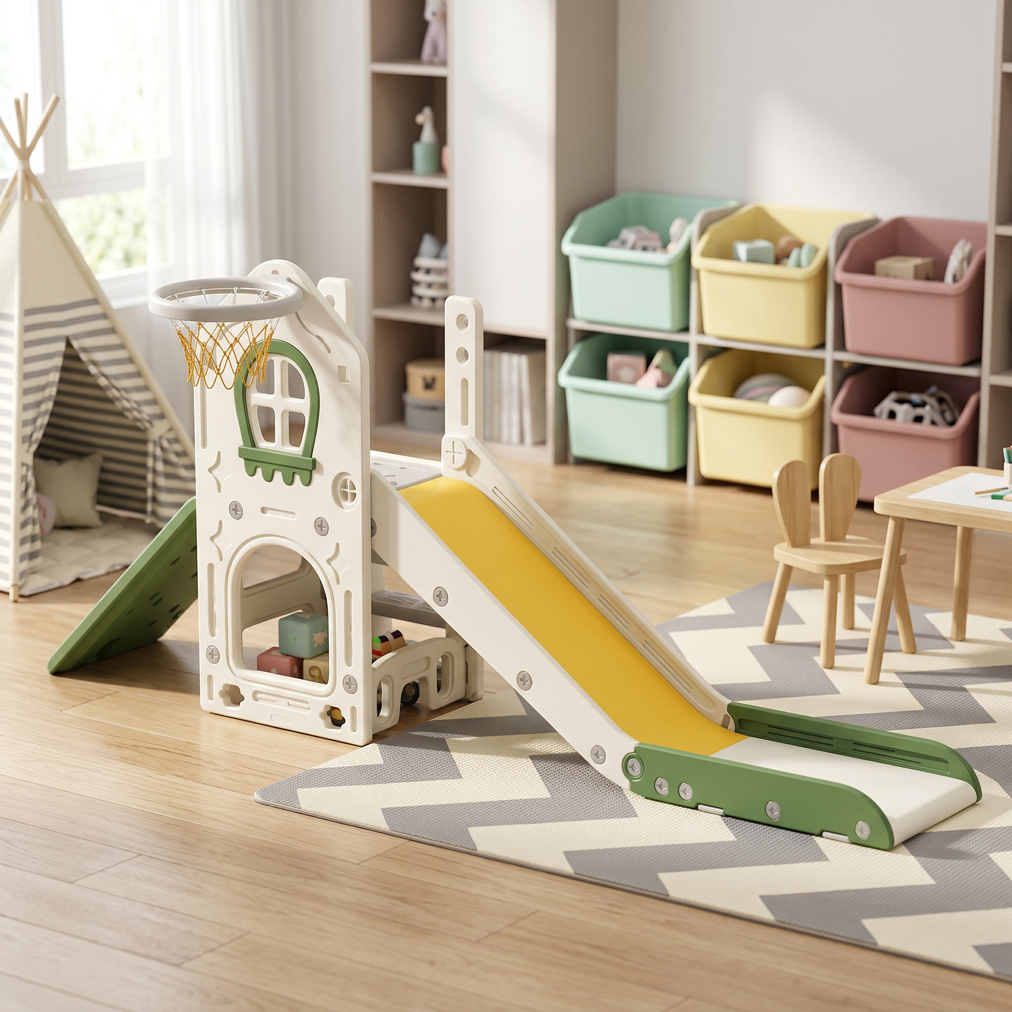 faltbare 4-in-1 Kleinkinderrutsche mit Kletterelement, Basketballkorb, Stauraum und Basketball für Kinder von 1-3 Jahren, Cremeweiß