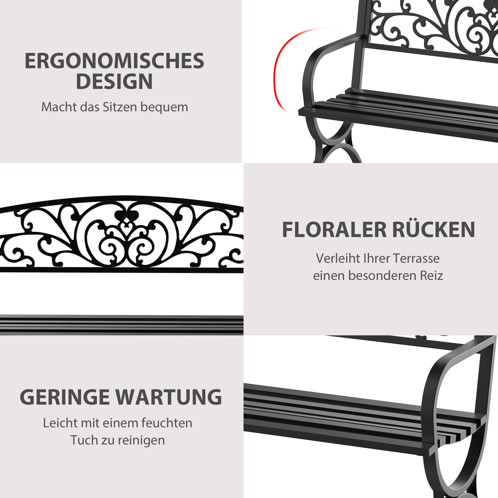 2-Sitzer Gartenbank Sitzbank 240kg belastbar Bank Gartenmöbel für den Innen- und Außenbereich geeignet 127x60x85 cm Schwarz