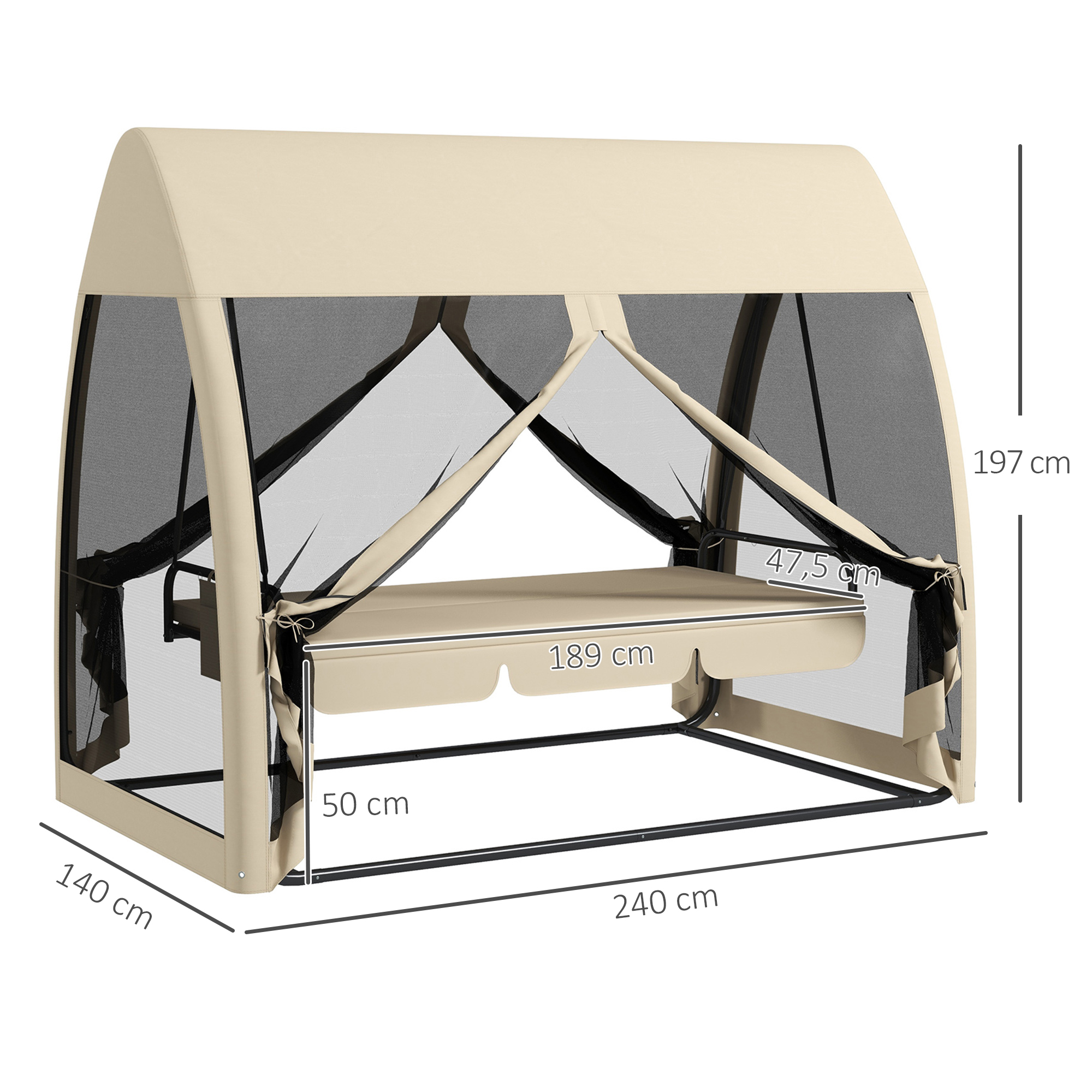 3-Sitzer-Terrassen-Schaukel, Veranda-Schaukel mit Bettfunktion, Hollywoodschaukel mit Mückennetz und Stahlrahmen, Kaffee