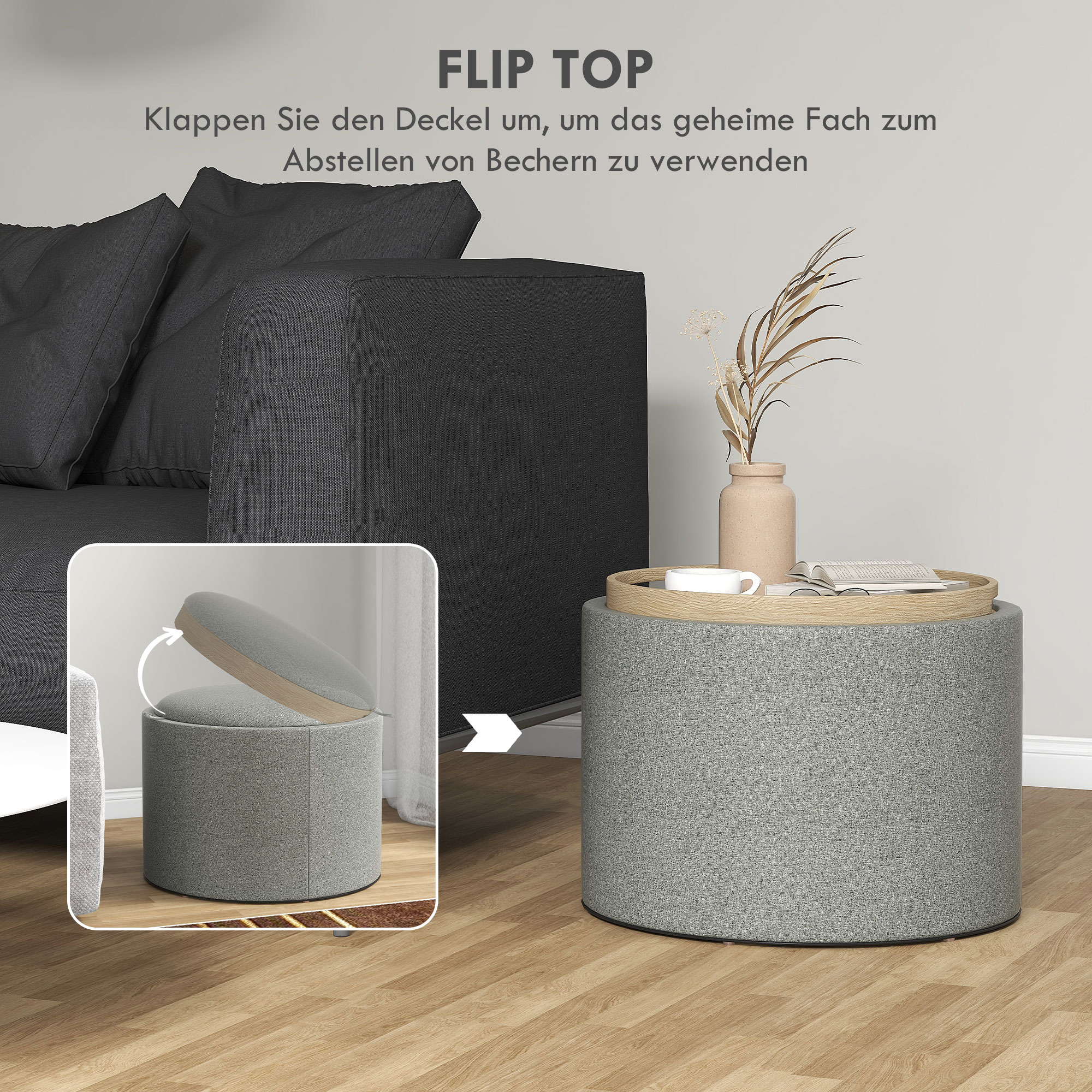 Hocker Polsterhocker, Leinen, versteckter Stauraum, umkehrbarer Deckel, 5 6cm x 56 cm x 42 cm, Grau + Natur